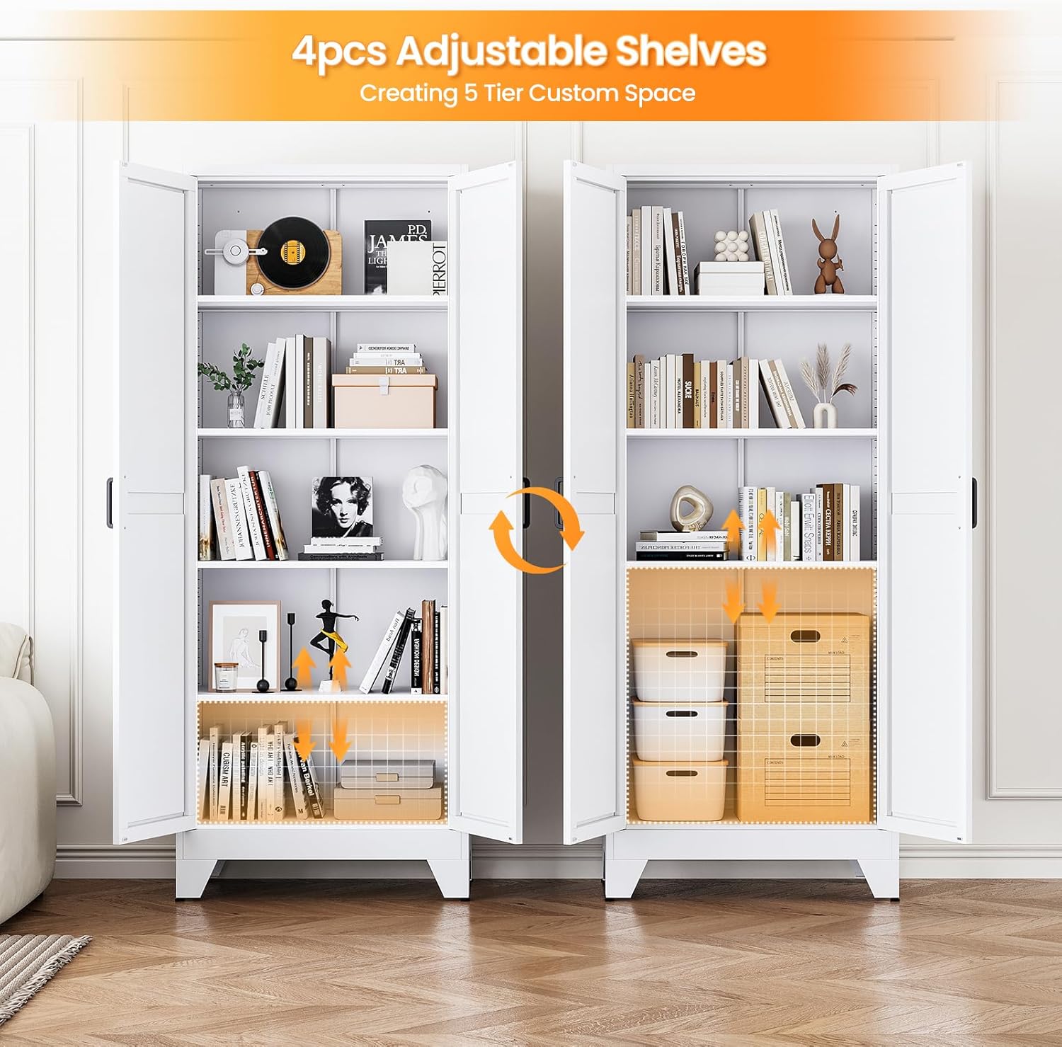 Metal White Storage Cabinet with 2 Doors and 4 Adjustable Shelves, 75" Tall Kitchen Pantry cabinets, Farmhouse Food Pantry Cabinet,5 Tier Freestanding Barn Door Cupboard for Kitchen Dining/Living Room