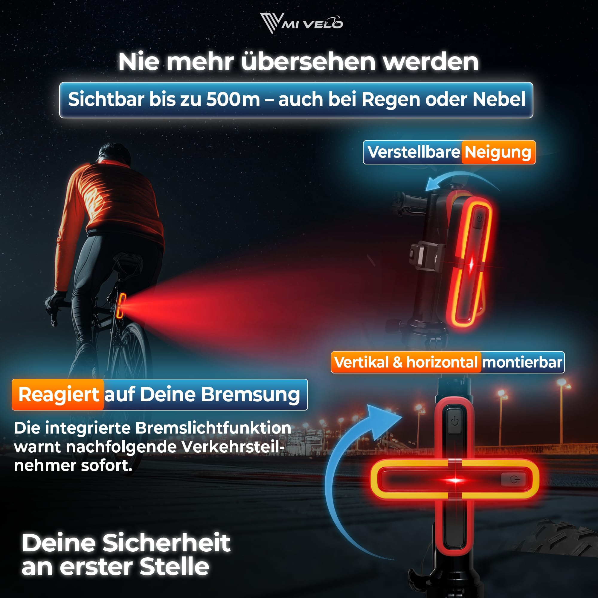 Kit d'éclairage de vélo avec indicateur de freinage - Lampe de vélo LED homologuée StVZO et étanche IPX5 - Éclairage de vélo avant et arrière rechargeable par USB - Feu avant et arrière de vélo avec