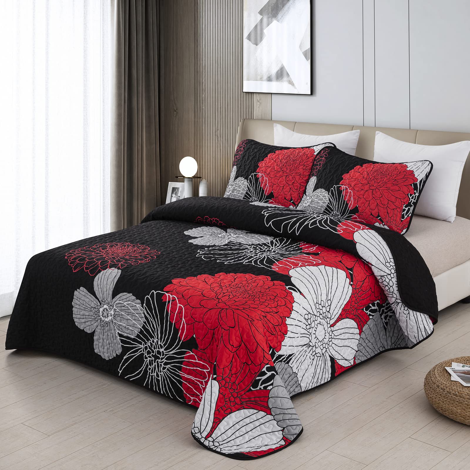 WONGS BEDDING Sprei 220 x 240 rood bloemen bedsprei zacht zomerdekbed gewatteerde deken voor tweepersoonsbed microvezel dekbed met 2 kussenslopen 48 x 75