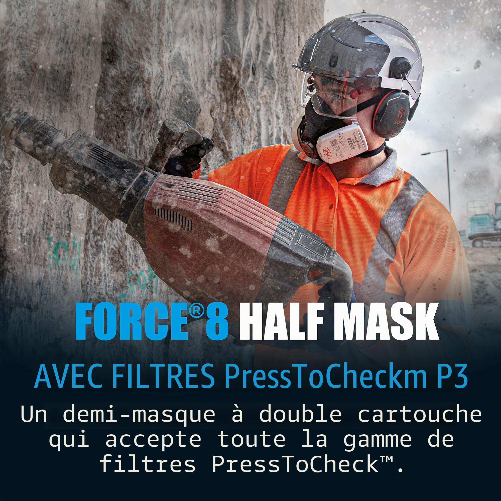 JSP FORCE 8 Masque Respiratoire Filtres P3 PressToCheck™ - Réutilisable - Protection Poussières Fines, Quartz, Bois, Glyphosate, Moisissures, Aérosols - Bricolage, Industrie - EN 140 & EN 143