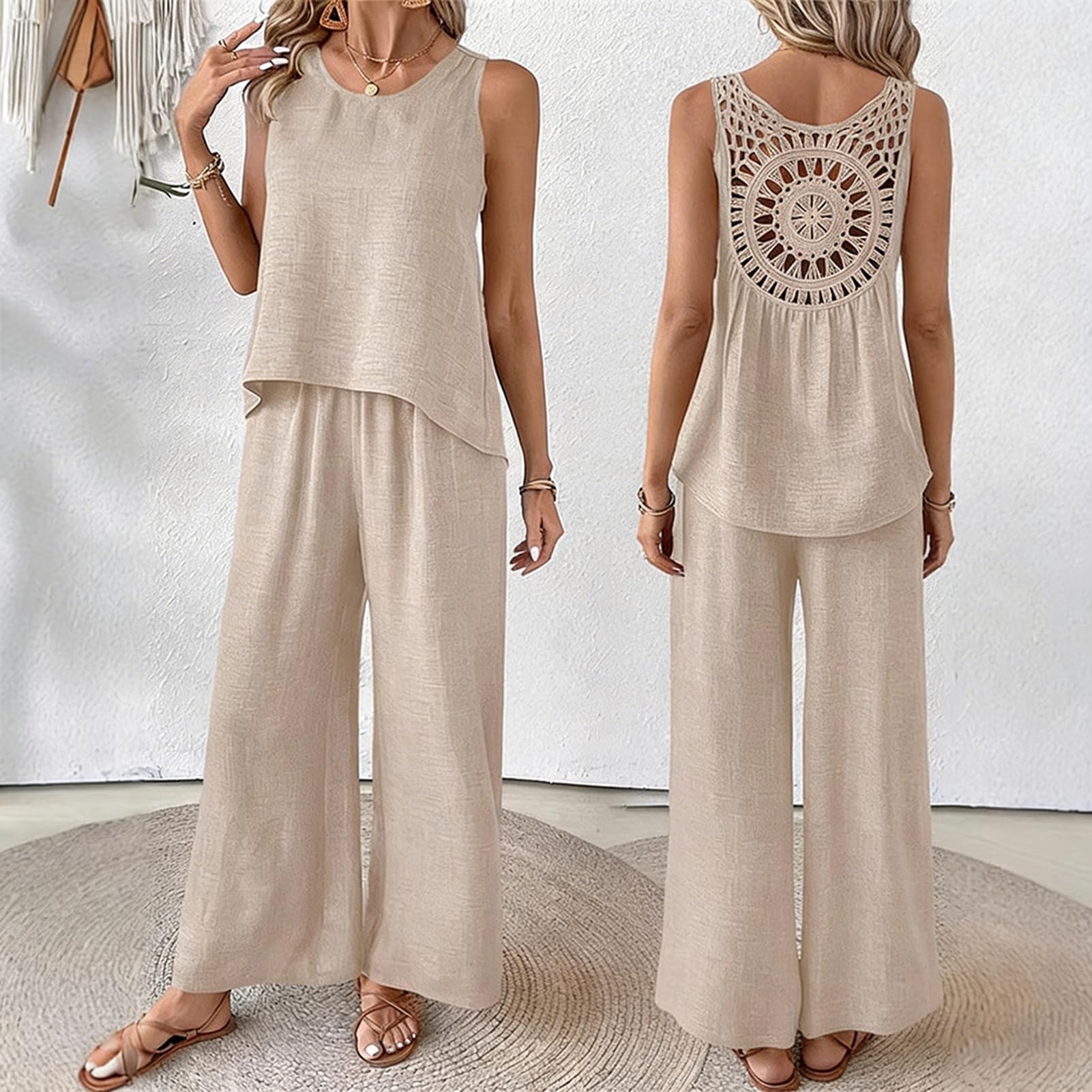 Damskie letnie 2-częściowe stroje bez rękawów Hollow Back Top i spodnie z szerokimi nogawkami zestaw boho plaża wakacje salon zestaw