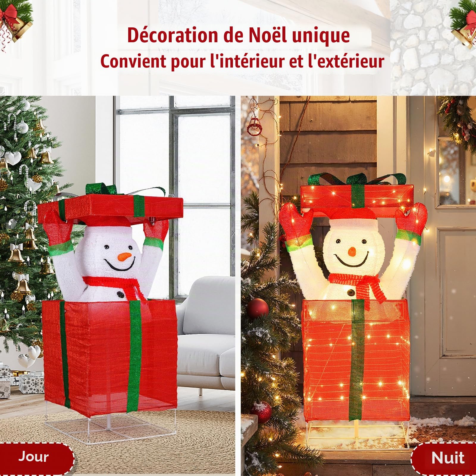 SOARS Decoration Noel, Bonhomme de Neige en Boite Cadeau 115 CM, 100 LED | 100 Lumières LED Blanc Chaud, Piquets & Attaches, Decoration Noel Exterieur Interieur Maison pour Salon, Cour, Jardin, Sapin