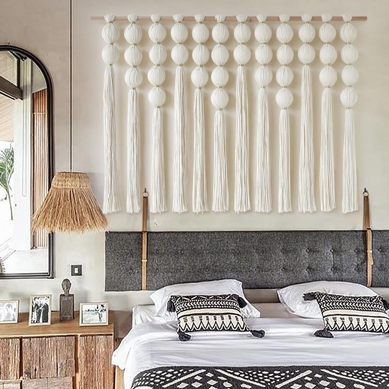 Makramee-Wandbehang, große Boho-Wanddekoration, handgefertigte Baumwollfaser-Wandkunst mit Quasten, moderner gewebter Wandteppich für Wohnzimmer Schlafzimmer, 119,4 cm B x 81,3 cm L