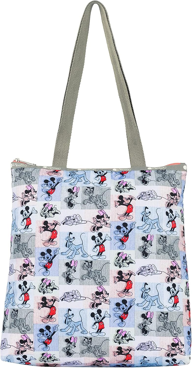 LeSportsac Mickey Patchwork Exclusive Easy Magazine Tote Bag, Style 3531/Color G786, Mickey, Minnie & Pluto in Playful Patchwork Style Graphic, Pastel Pink, Blue & Grey, Contrasting Pink Zipper