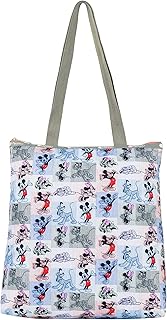 Mickey Patchwork Exclusive Easy Magazine Tote Bag, Style 3531/Color G786, Mickey, Minnie & Pluto in Playful Patchwork Style Graphic, Pastel Pink, Blue & Grey, Contrasting Pink Zipper