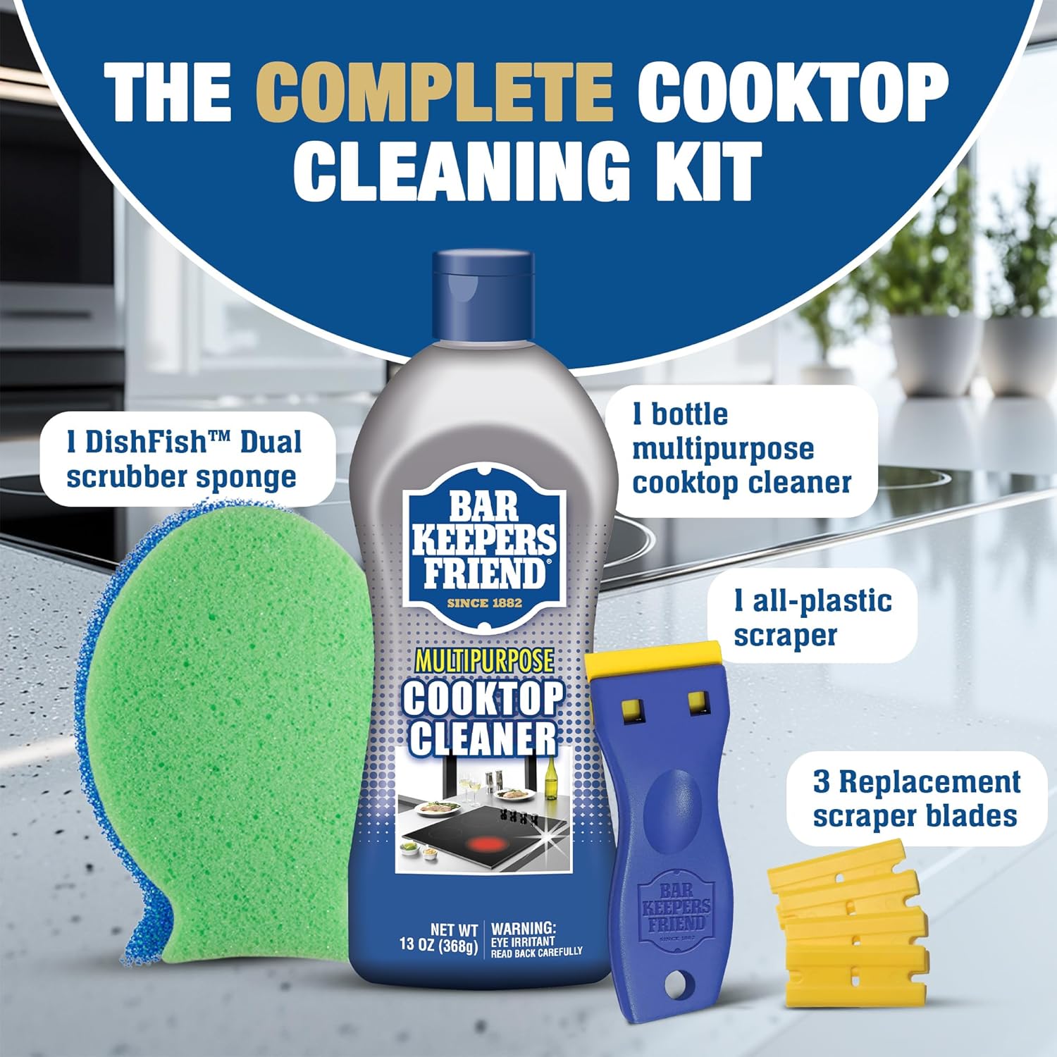 Bar Keepers Friend Cooktop Cleaner + Scraper + Dish Fish - Multipurpose Liquid Stovetop Cleanser, Safe for Use on Glass or Ceramic Cooking Surfaces, Copper, Brass, Chrome, Stainless Steel & Porcelain