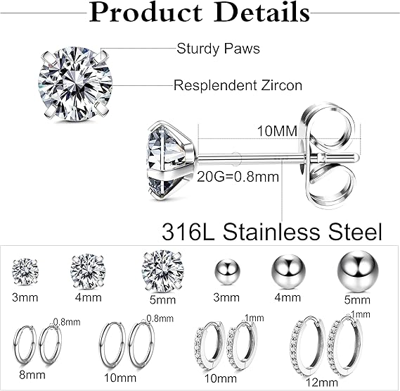 Thunaraz Surgical Steel Earrings Set - 10 Pair Hypoallergenic Hoops & Studs For Multiple Piercings
