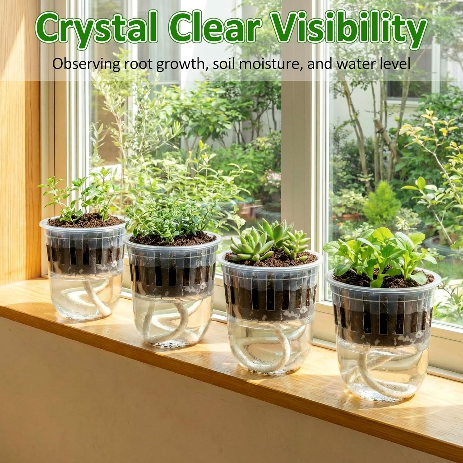 50 Pcs 3.3 Inches Clear Self Watering Seed Starter Pots with Humidity Dome Inner Cup Planter Plastic Baskets Bulk with 50 Plant Labels Water Absorbing Wicks for Indoor Outdoor Plants