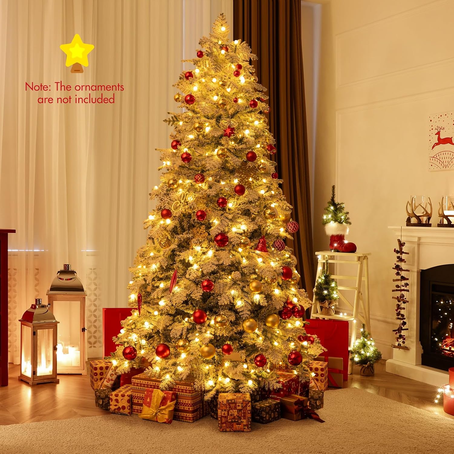DREAMADE 7 FT Pre-Lit Snow Flocked Christmas Tree, Xmas Tree w/320 Warm White LED Lights, 160 Ball Lights, 806 PVC Branch Tips, 8 Modes & Metal Stand, Artificial Christmas Tree for Home Party Holiday