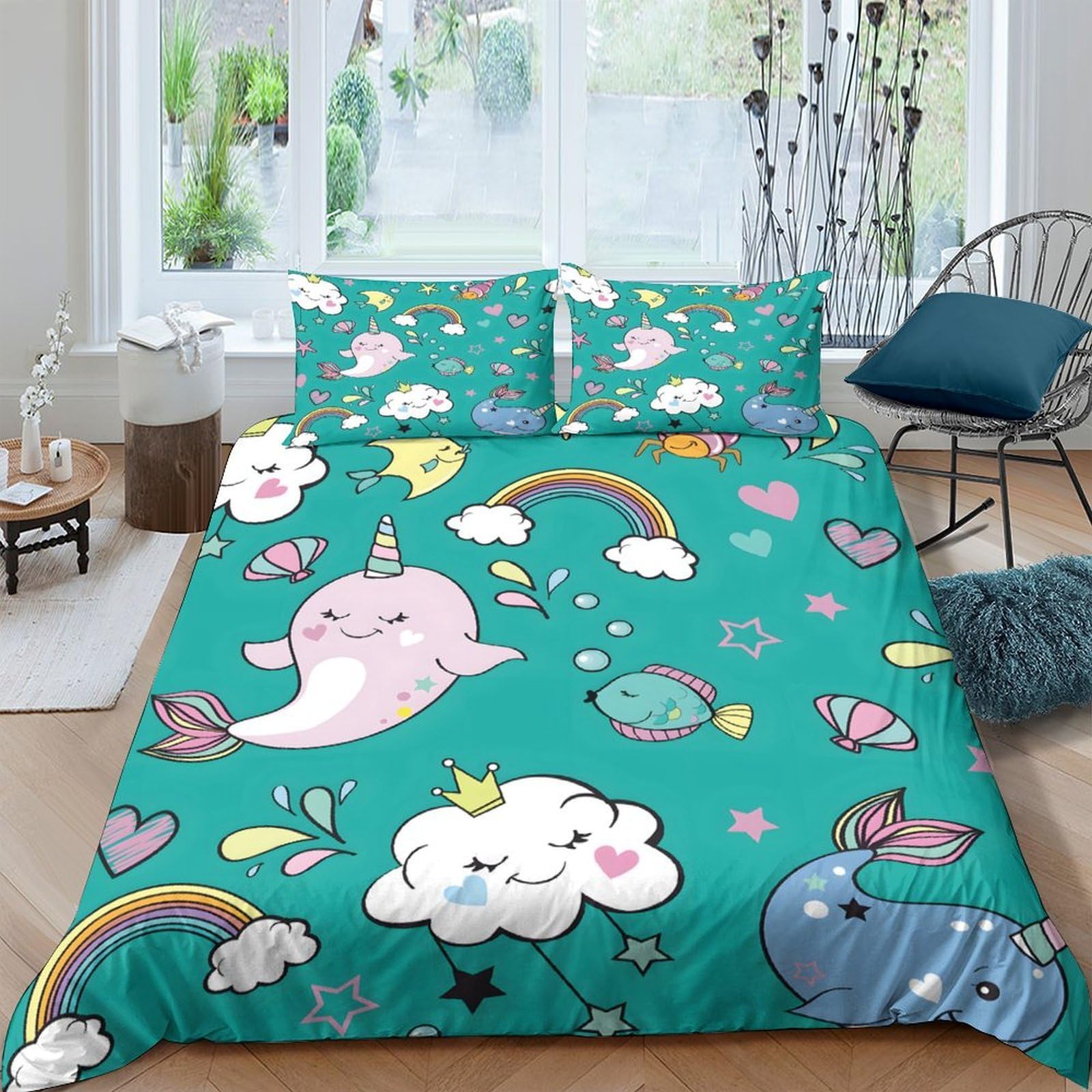Ctjqhvkz Style-3 3D Printed Narwhal Rainbow Fitted Sheet Microfiber Whimsical Cloud Whale Mattress Cover For Bedroom Decor Protection Single（135X200cm）
