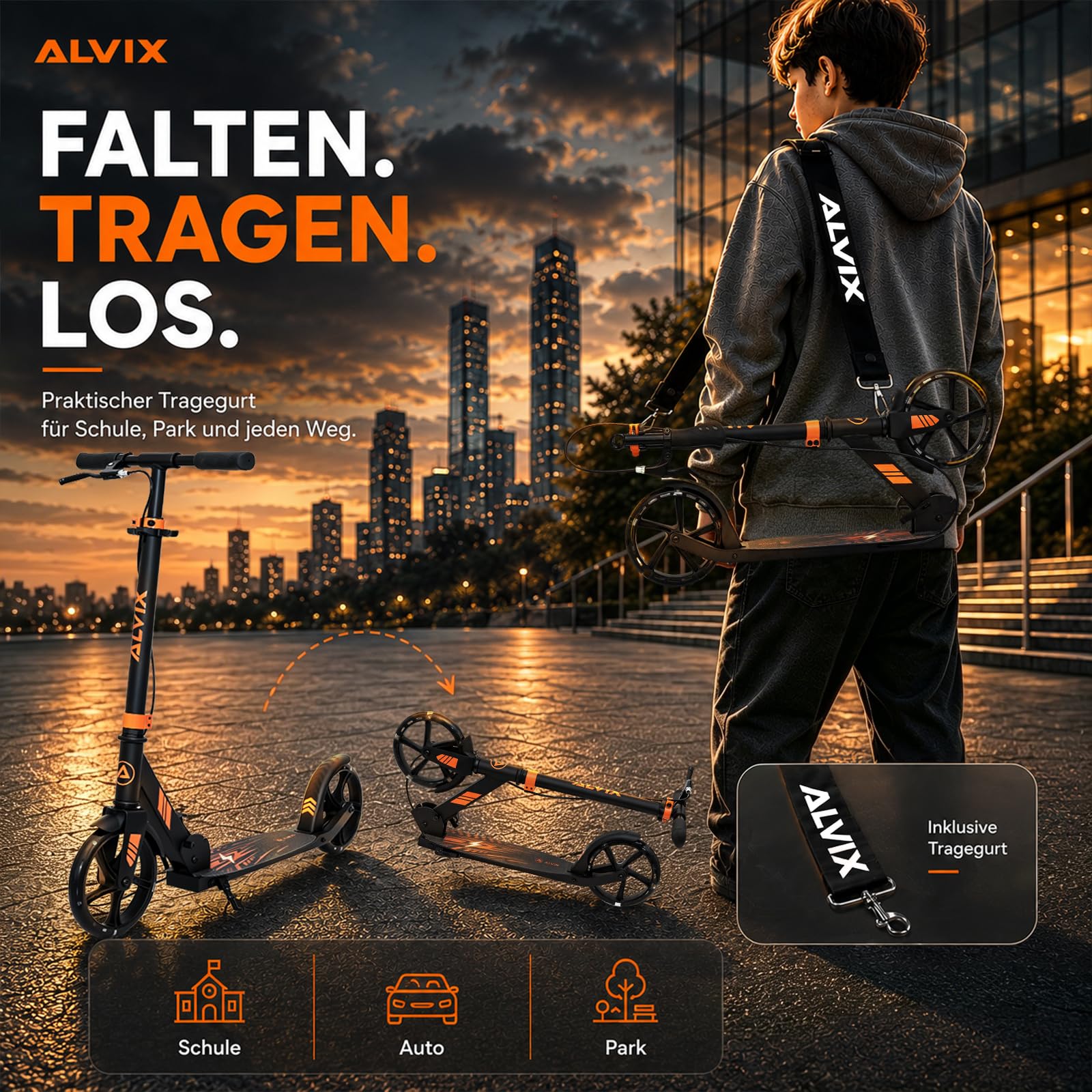 ALVIX Kinder Scooter mit Handbremse & LED-Rädern – 200 mm | Höhenverstellbarer Kinderroller ab 6 Jahren, faltbarer Kickroller mit Tragegurt, breitem Deck, bis 100 kg