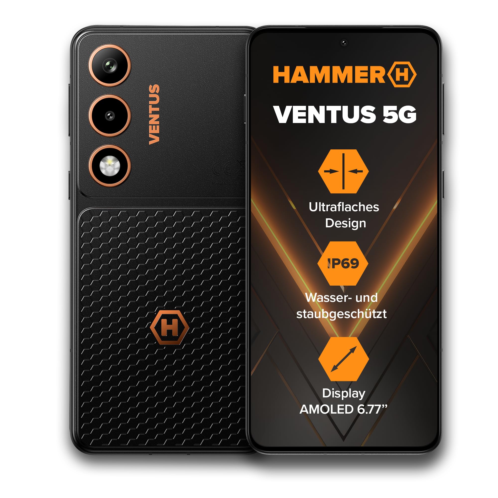 HAMMER VENTUS 5G Outdoor Smartphone 8GB+256GB, Android 16, 6.77 Inch 120Hz AMOLED Display, 108MP AI Camera, 32MP Selfie Camera, MediaTek Dimensity 7100, 5000mAh Battery, 45W Fast Charging, IP69, MIL-S