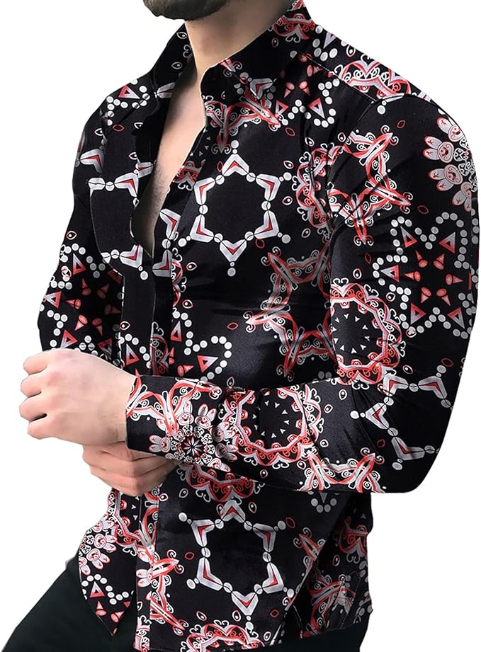 Men's Casual Button Down Shirts Funny Floral Graphic Long Sleeve Shirts