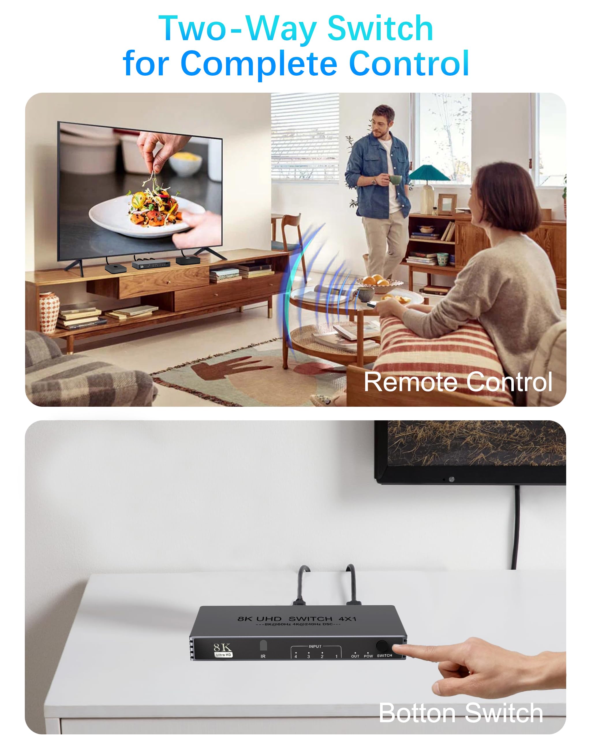 8K HDMI 2.1 Splitter 4 in 1 Out - 8K@60Hz, 4K@240Hz/144Hz/120Hz HDMI Switcher 4 Eingabe 1 Ausgabe – 4 Port Umschalter mit Remote Unterstützt HDR10+/HDCP2.3, für PS5/4/3 Roku Fire Stick TV Xbox