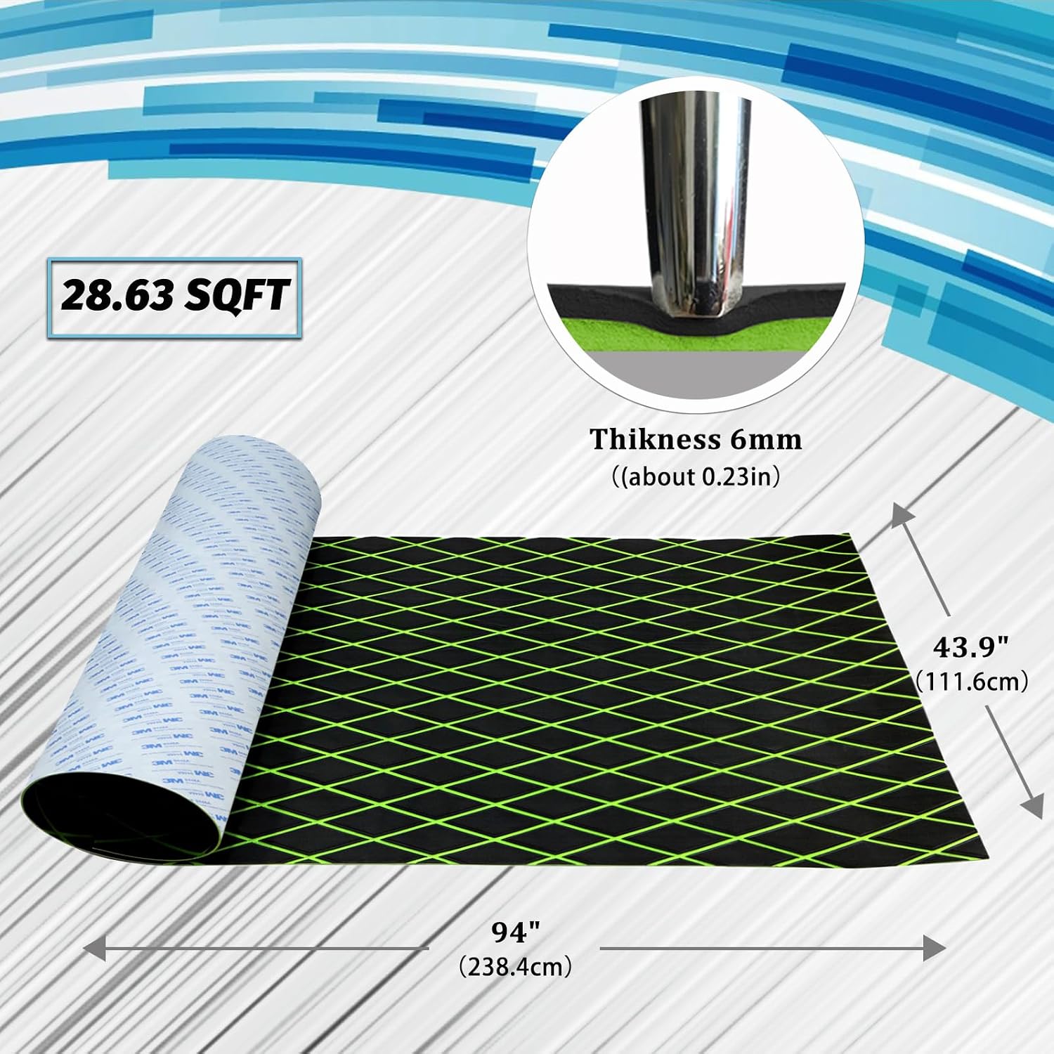 HXBYX EVA Foam Boat Flooring with 3M Adhesive Backing 6mm Thick Diamond Sea Deck Boat Carpet Marine Non-Slip Self-Adhesive Flooring Sheet for Kayak Yacht SwimPool RV 94"x43.9"/28.3"/15.3"