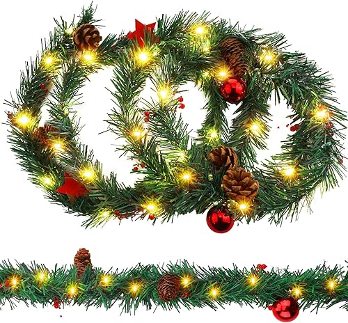 Baquler Guirnalda de 180 luces LED de Navidad de 59 pies, guirnalda de piñas de Navidad con luces de cono de pino de Navidad, luces de cadena de