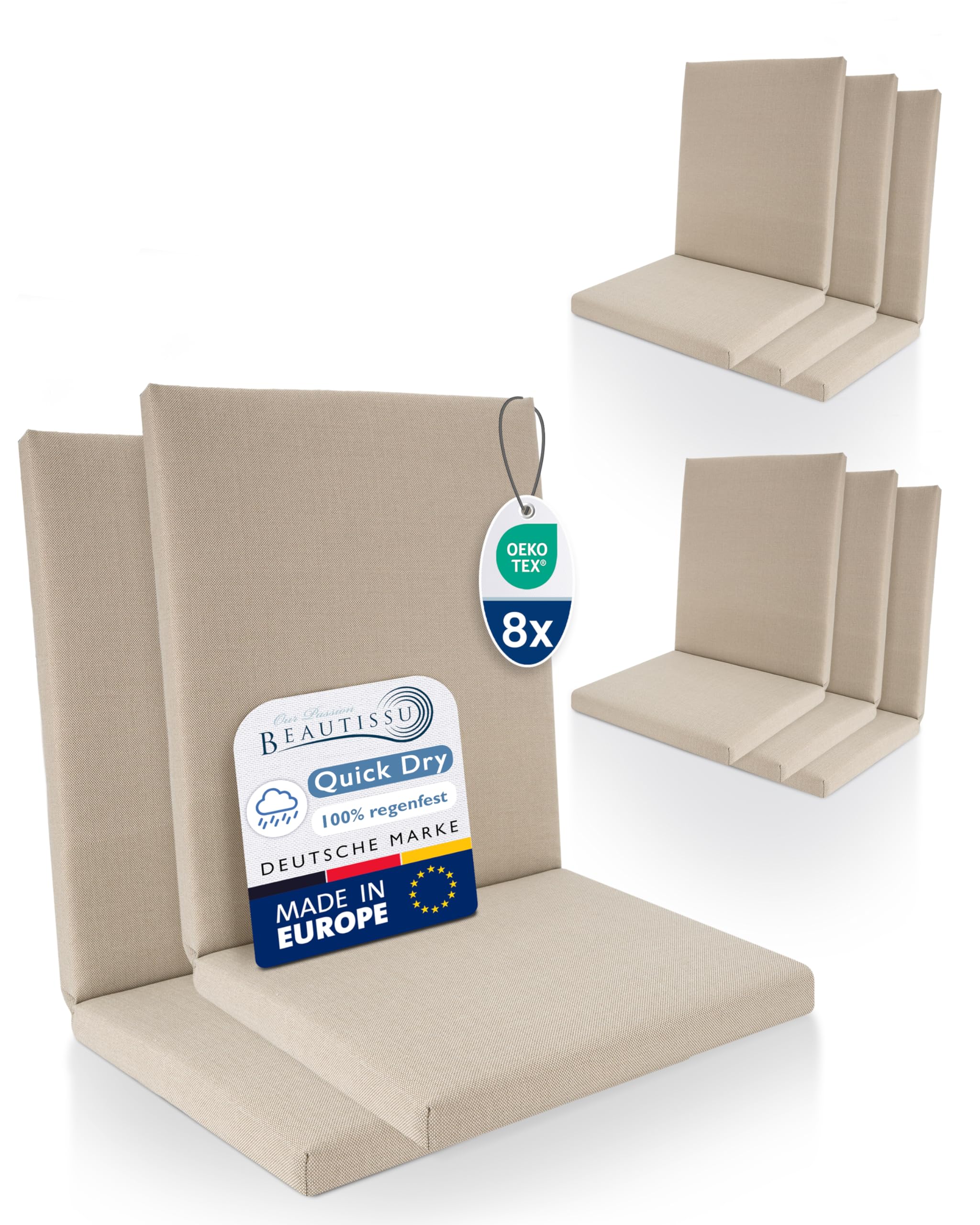Beautissu 8er Set Premium Niedriglehner Auflage 100% Wasserdicht 100x50cm – UV-beständig Bequem Pflegeleicht Waschbar Sitzkissen Gartenstuhl – Polsterauflage Gartenmöbel Stuhlauflage Beige