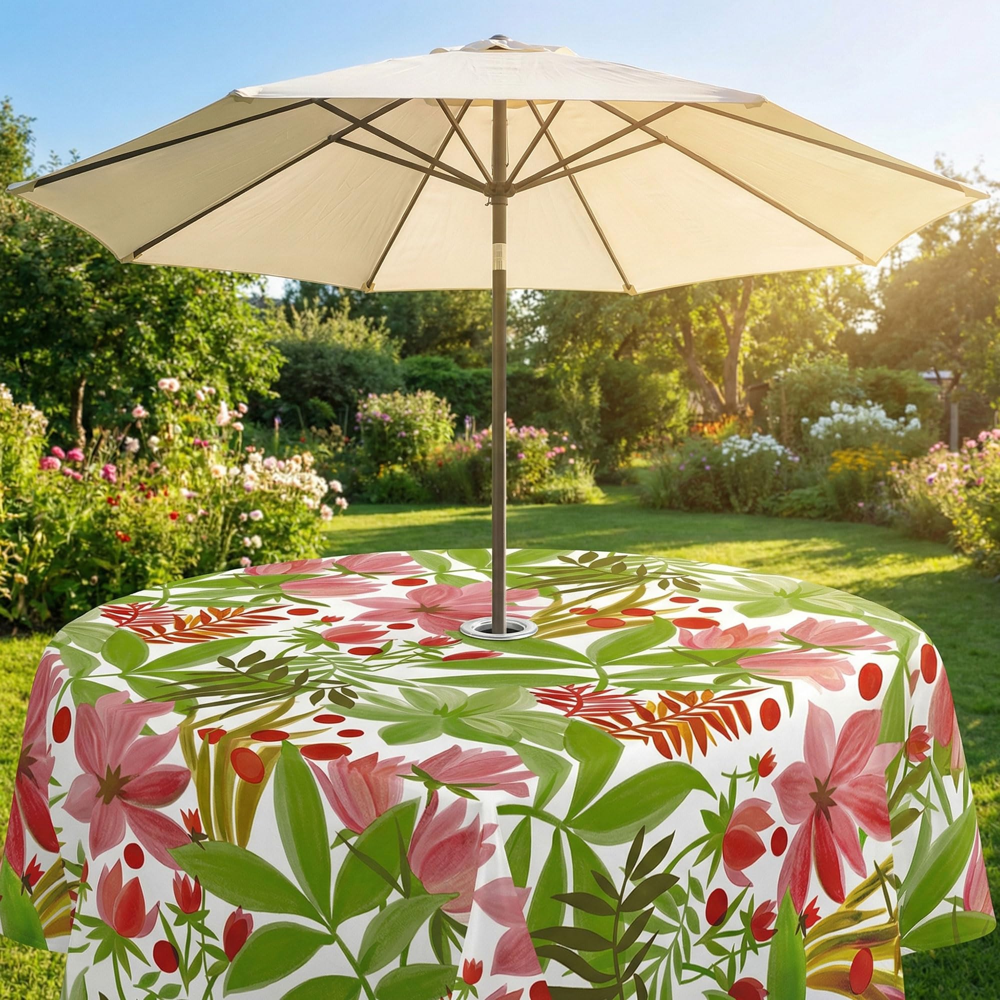 QPC Direct Wipe Clean Waterproof Outdoor Garden Tablecloth with Parasol Hole (Tropical Flowers, Round 135cm Diameter)