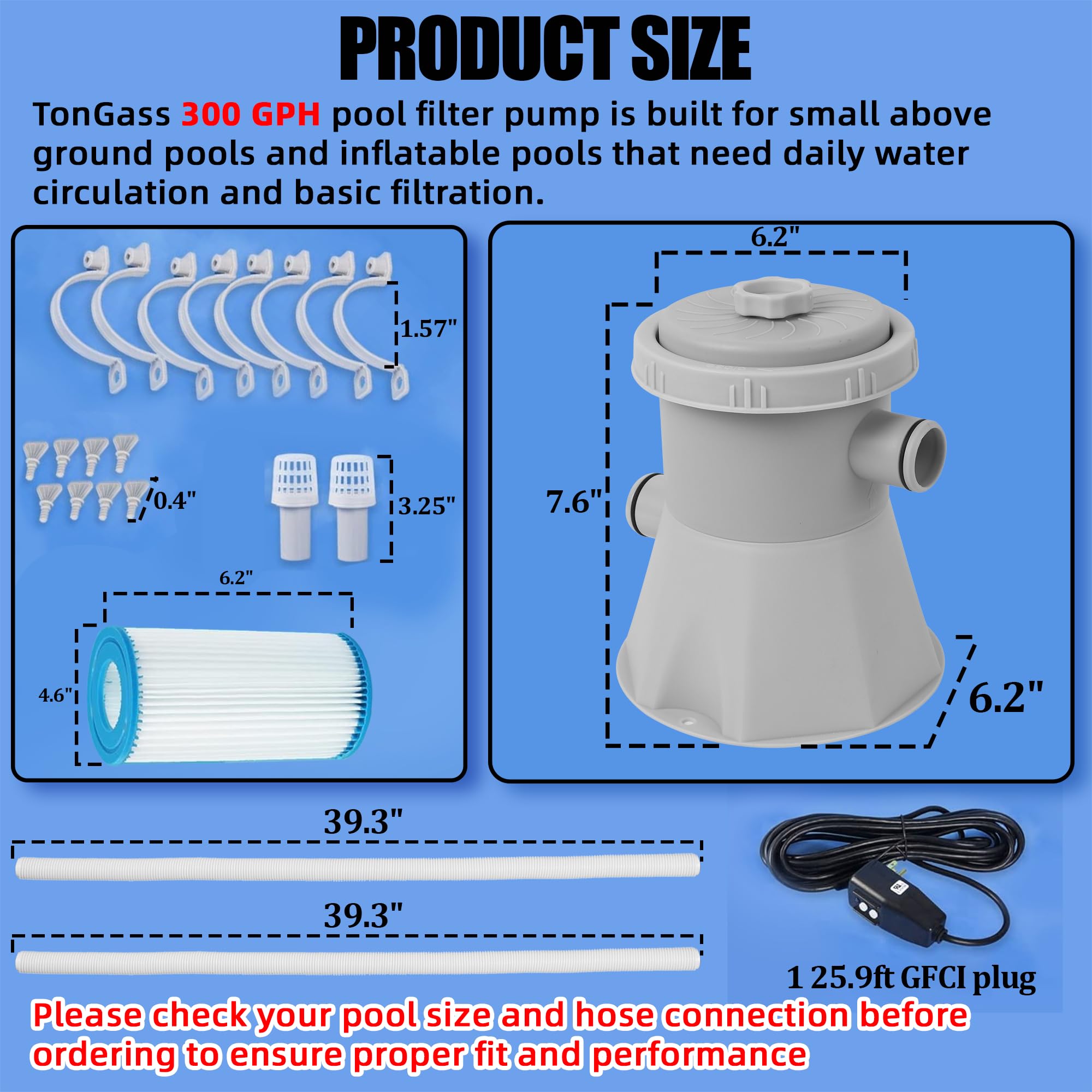 TonGass Pompe de filtration de piscine 1136 L/h (300 GPH) pour petites piscines hors sol, système de pompe à filtre à cartouche avec GFCI, pompe de circulation d'eau pour le nettoyage de la piscine et