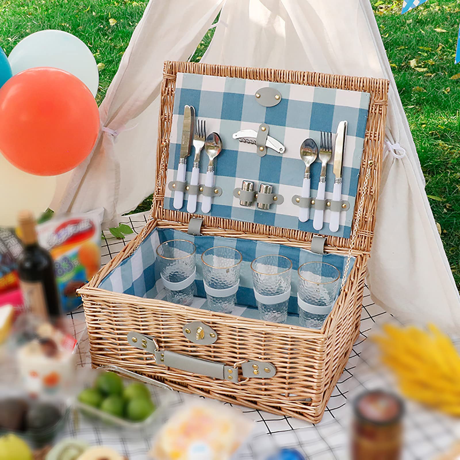 Storage Basket,Picnic Set Handmade Wicker for 4 Person with 23 Piece Service Gift Willow Hamper Cutlery for Camping,Outdoor,Valentine Day,Chirtmas,Thanks Giving,Birthday