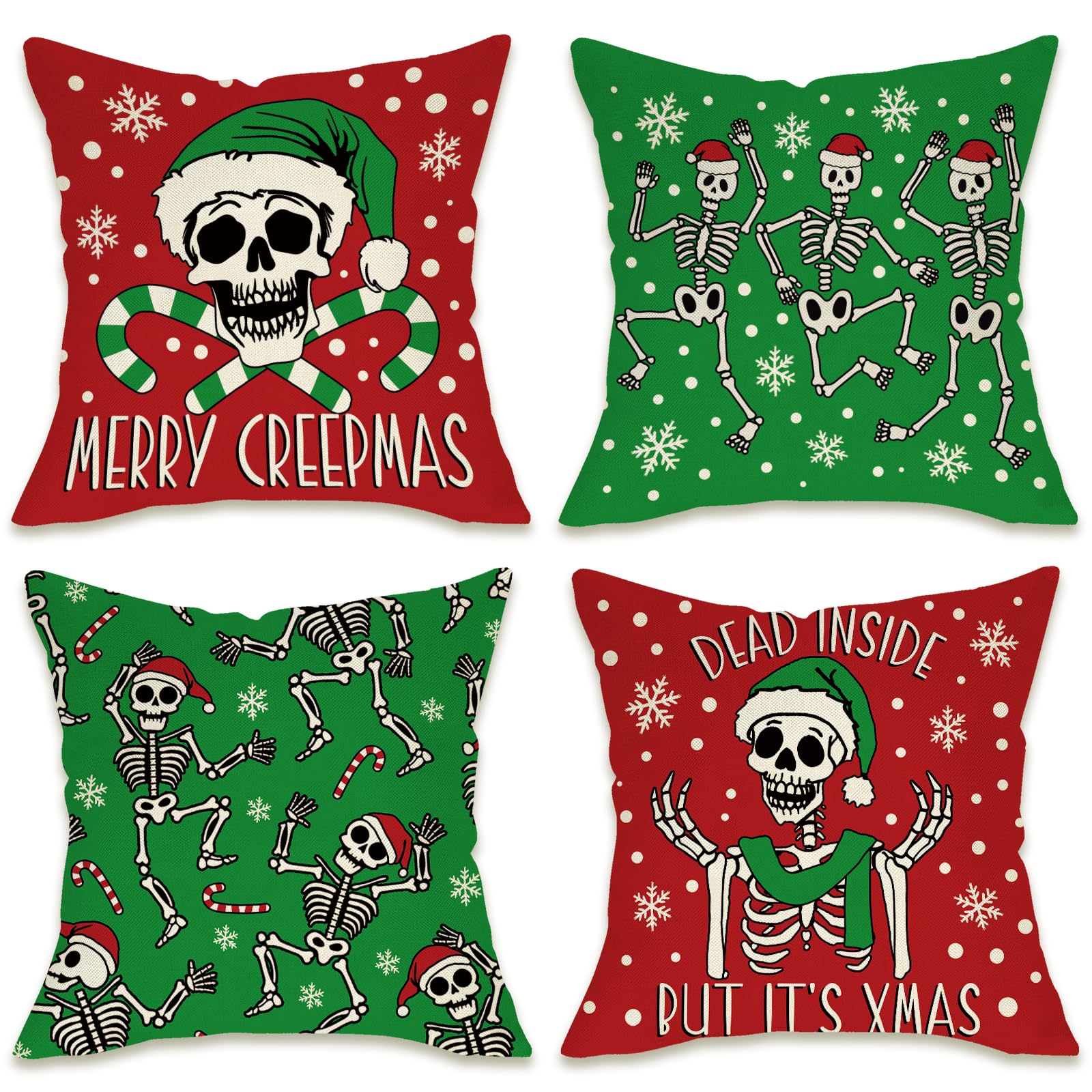 Fahrendom Merry Christmas Dancing Skeleton Decorative Throw Pillow Covers 18 x 18 Set of 4 Red Green Xmas