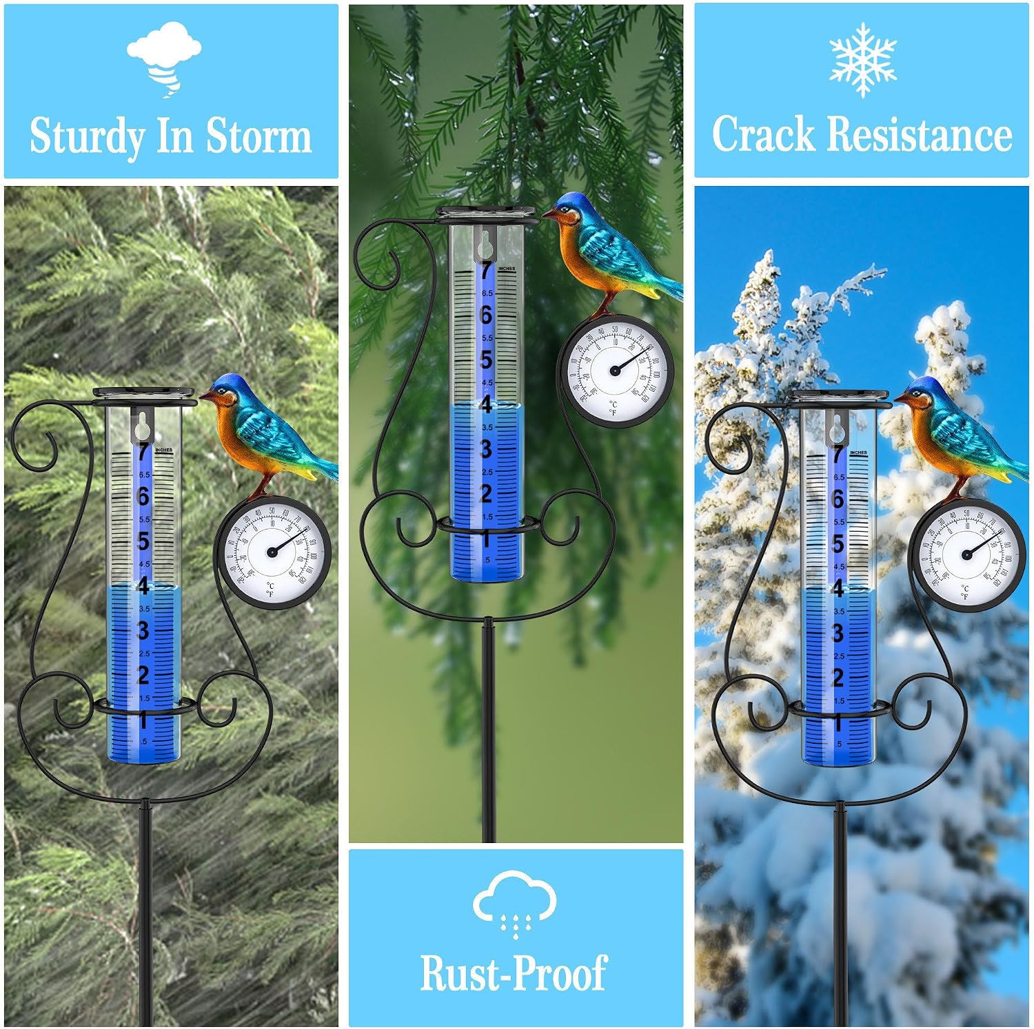 Outdoor Rain Gauge, Large Color Digital Rain Gauge with Metal Hummingbird and Temperature & Hygrometer, Height Adjustable, Large Capacity, for Garden, Deck, Lawn, Patio, Farm