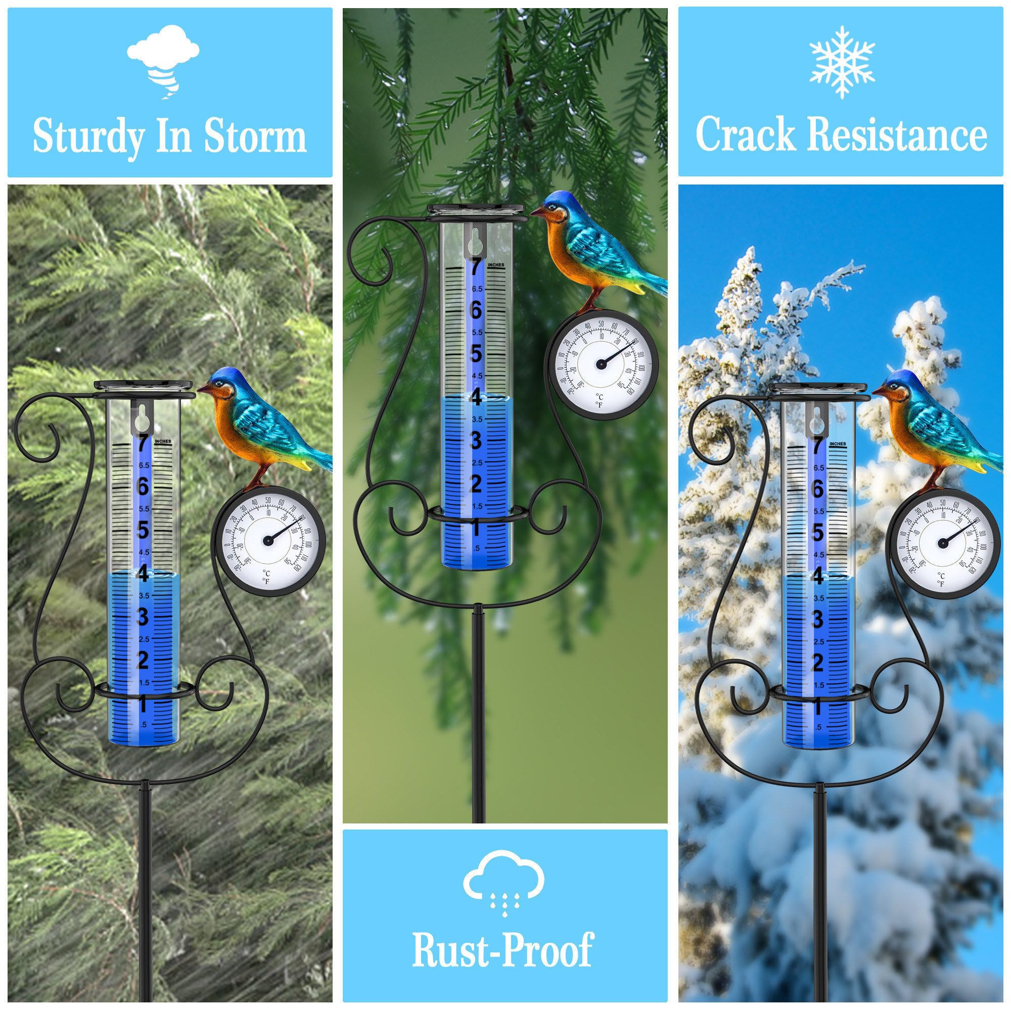 Regenmesser für den Außenbereich, großer farbiger digitaler Regenmesser mit Metallkolibri und Temperatur- und Hygrometer, höhenverstellbar, große Kapazität, für Garten, Deck, Rasen,