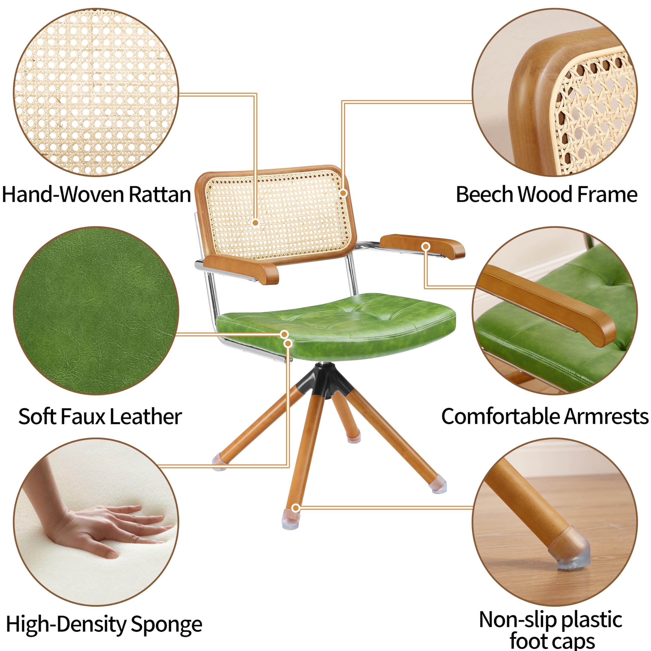 Zouron Silla de Comedor de Estilo Moderno (Respaldo de ratán), Silla giratoria 360° (tapizado en Piel sintética), sin Ruedas, Verde