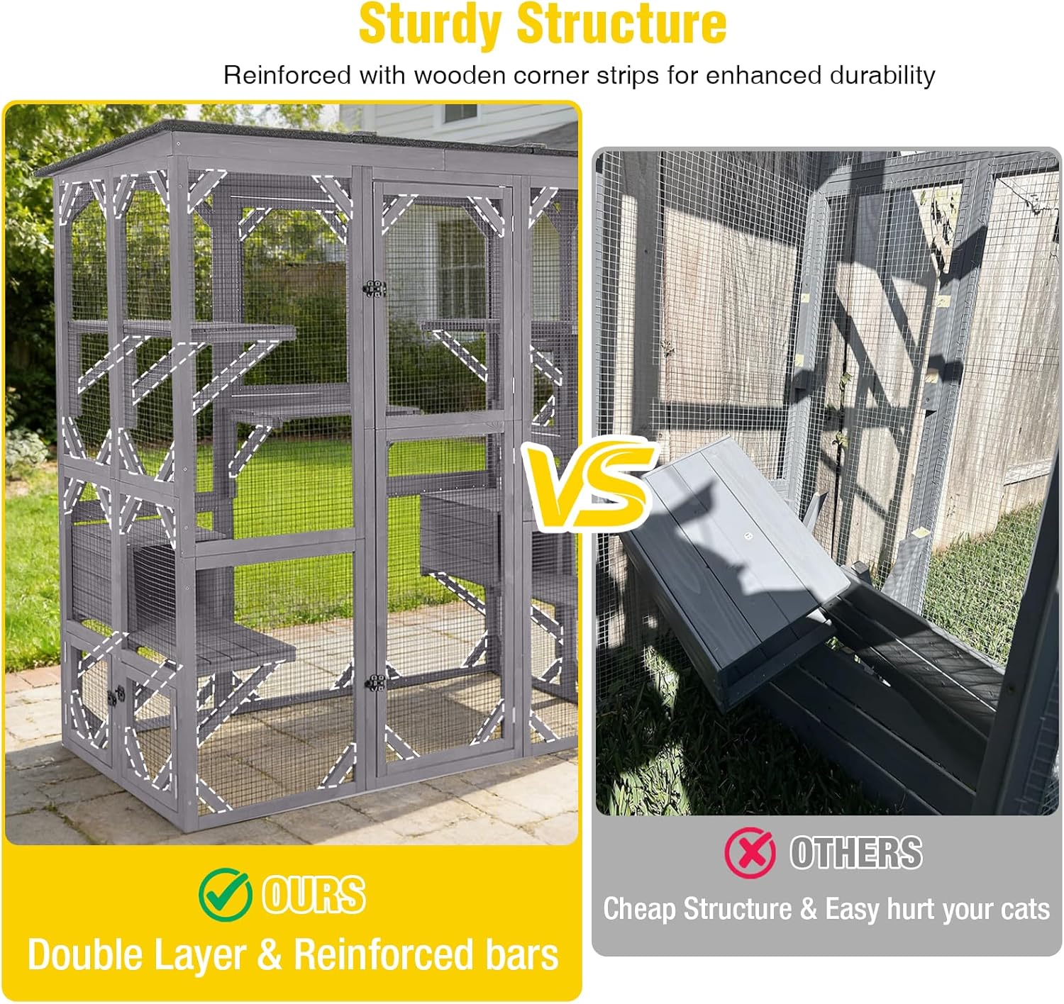 Aivituvin Catio Outdoor Cat Enclosure with 7 Platforms, 2 Resting Boxes, Large Window Cat House for 6-8 Mulitiple Cats Walk in Kitty Cage with Weatherproof Tarp Roof 71"