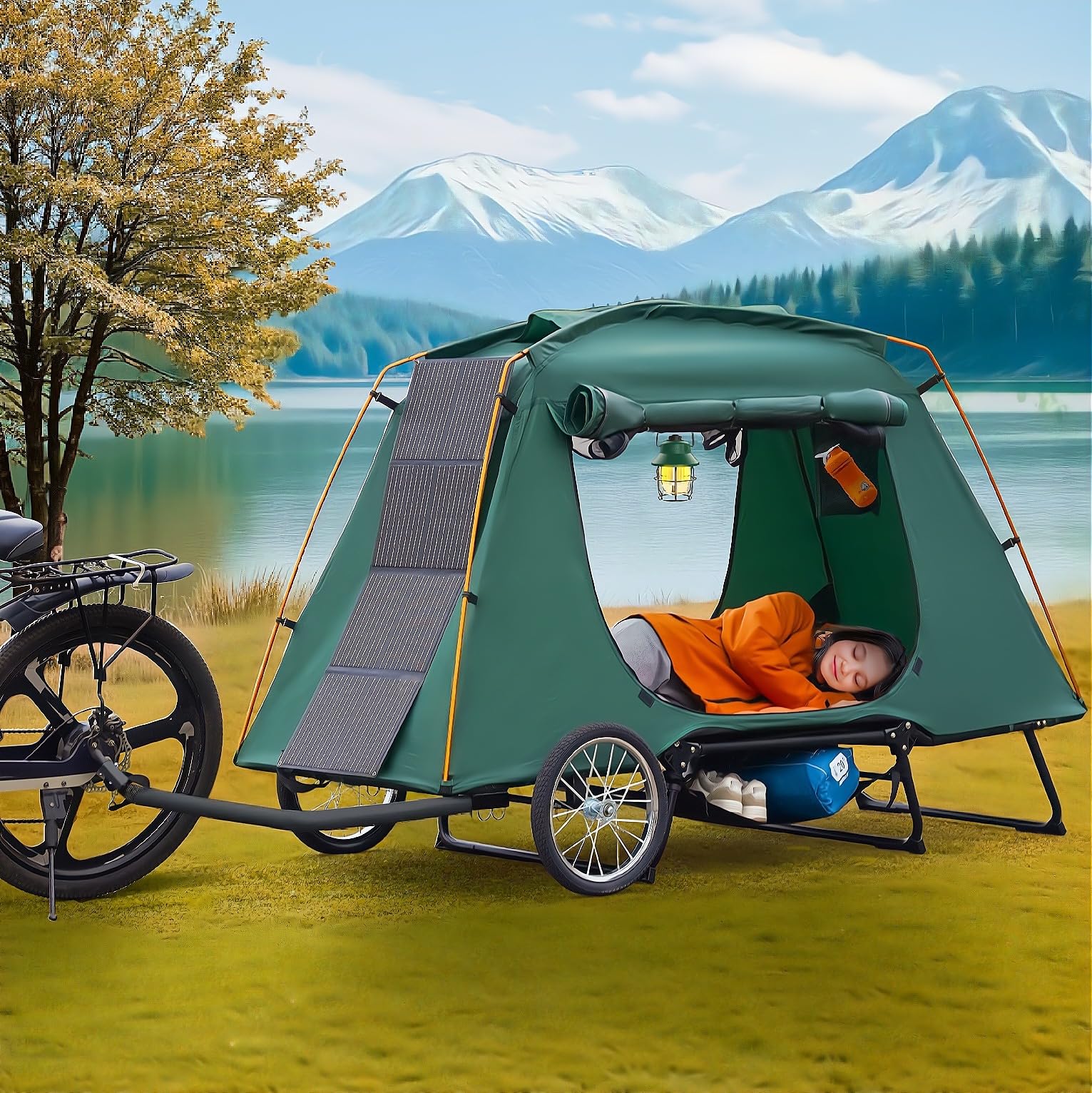 Electric Bike Camper Trailer Tent - Ultimate Folding Trailer for E-Bike & Camping - Set Up in 2 Mins, Sleep Off The Ground, Waterproof & UV Resistant - Supports 250lbs,