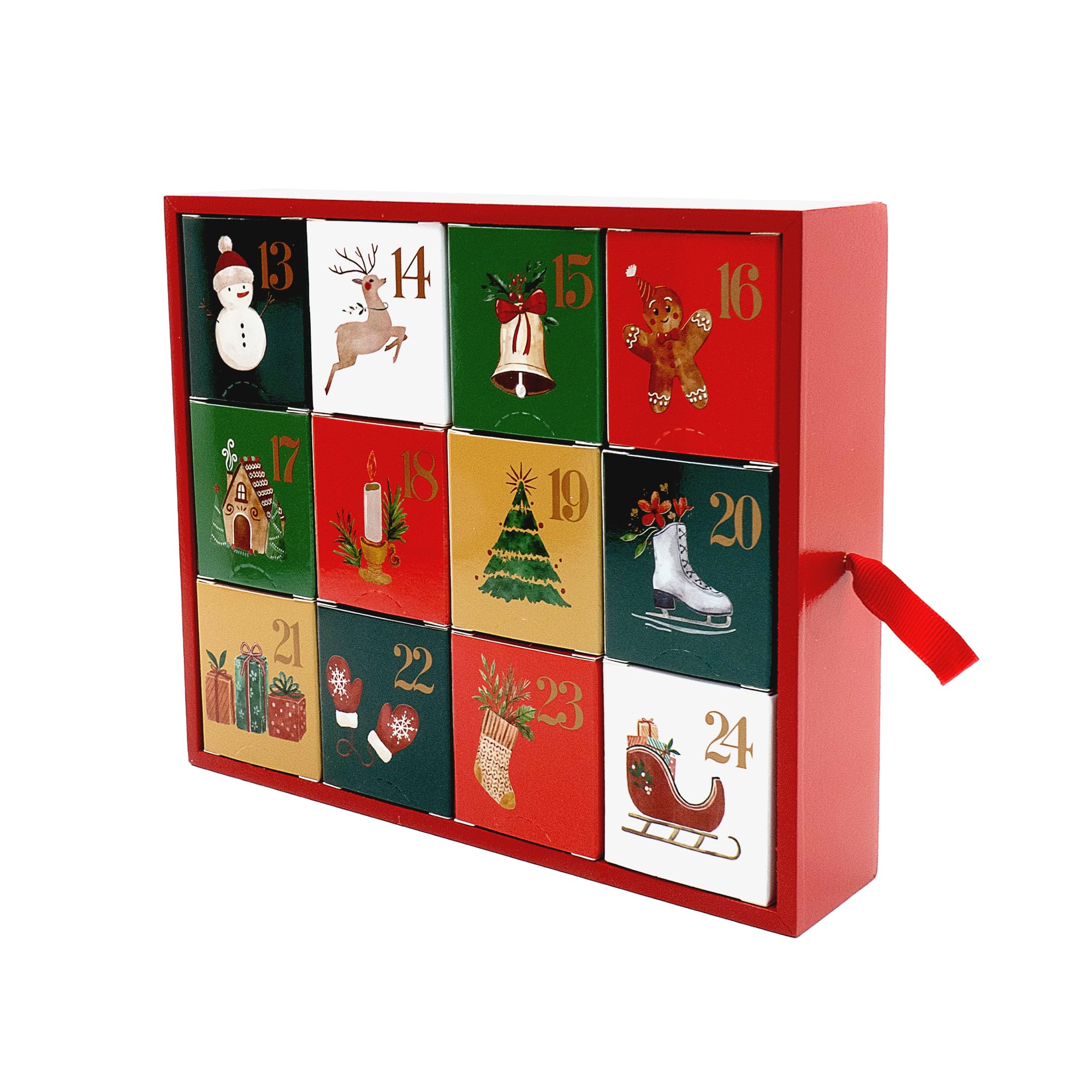 PE Adventskalender aus Holz in Buchform mit LED und 24 Boxen zum Befüllen | Aufklappbares Weihnachtsbuch mit 2 LED-Holzszenen, 24 Papierboxen; 4 AAA-Batterien erforderlich, nicht enthalten