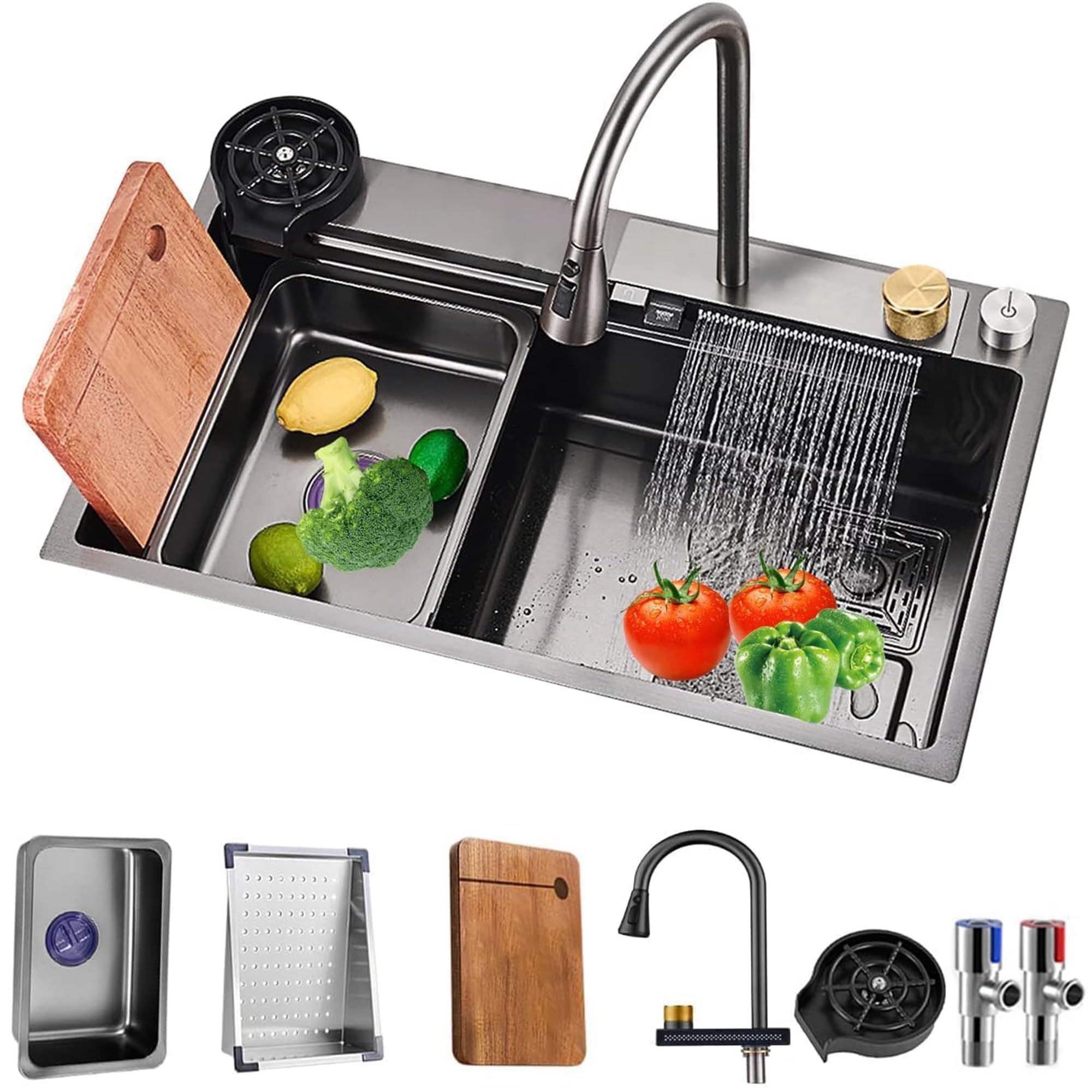 Évier de cuisine cascade anti-éclaboussures grand bac 85x45 cm en inox noir