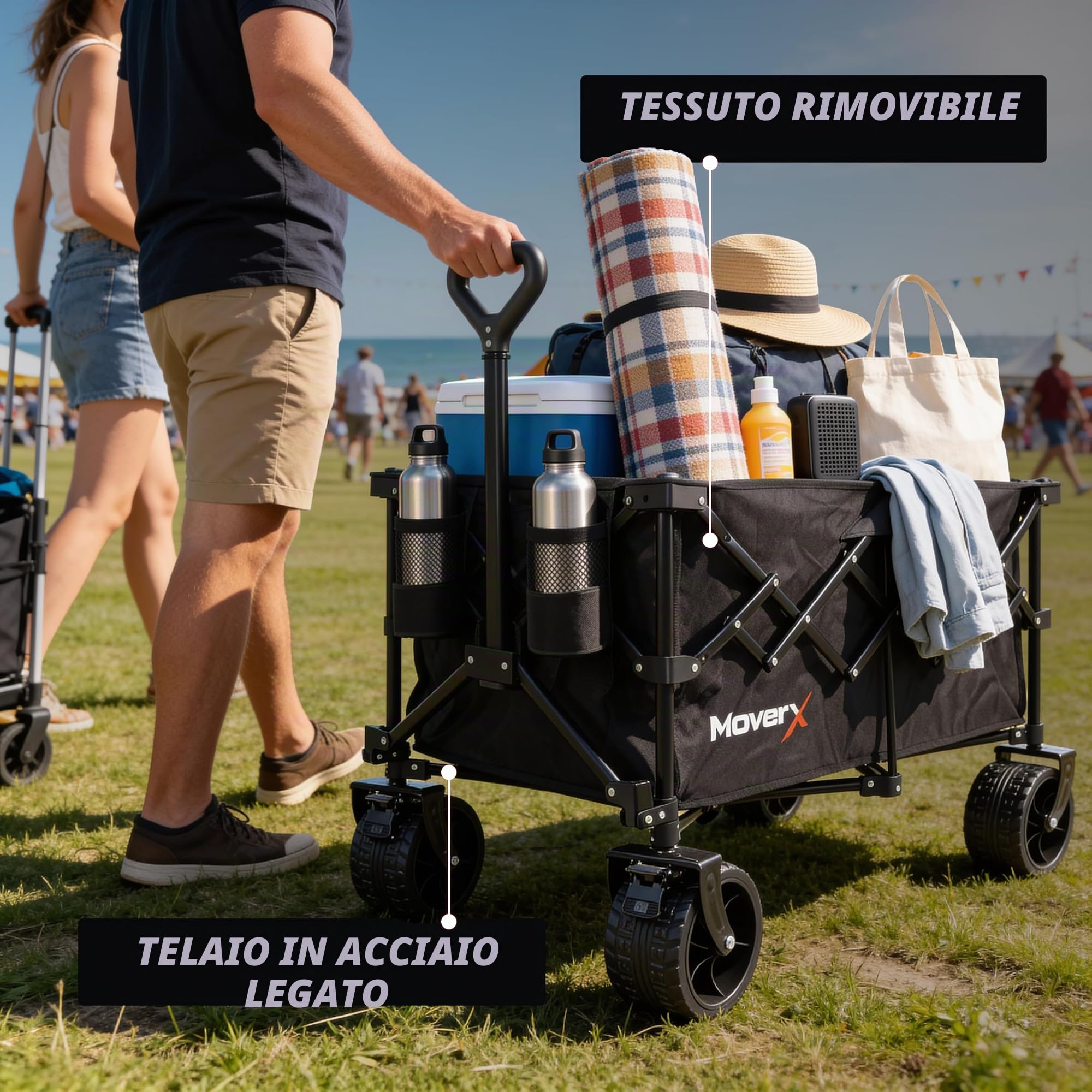 MoverX Carrello da 200 litri, pieghevole, portatile, per campeggio, spiaggia, giardino, picnic, shopping, pesca, ruote larghe, manico regolabile, nero