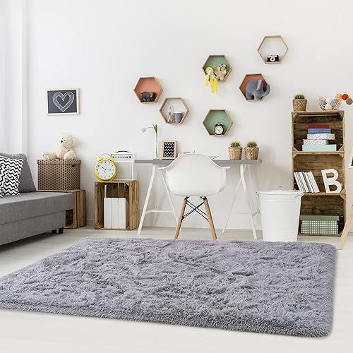 Miniatura 6 de Noahas Alfombras peludas de 6 x 9 pies para sala de estar, alfombra de dormitorio grande de teñido anudado gris, alfombras peludas para dormitorio,