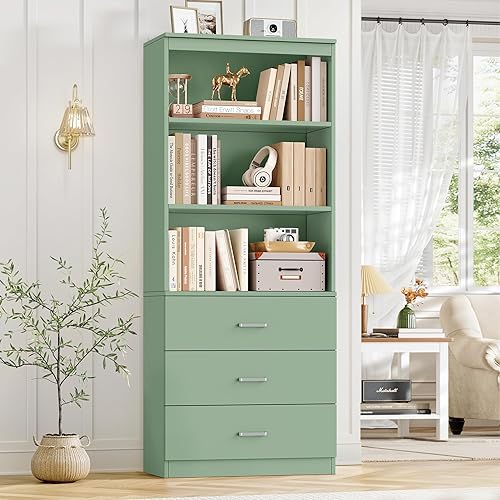 Miniatura 10 de FOTOSOK Estantería de 180 cm de alto en negro con cajones, estantería y mueble para libros con 3 estantes abiertos, estantería alta y gabinete de