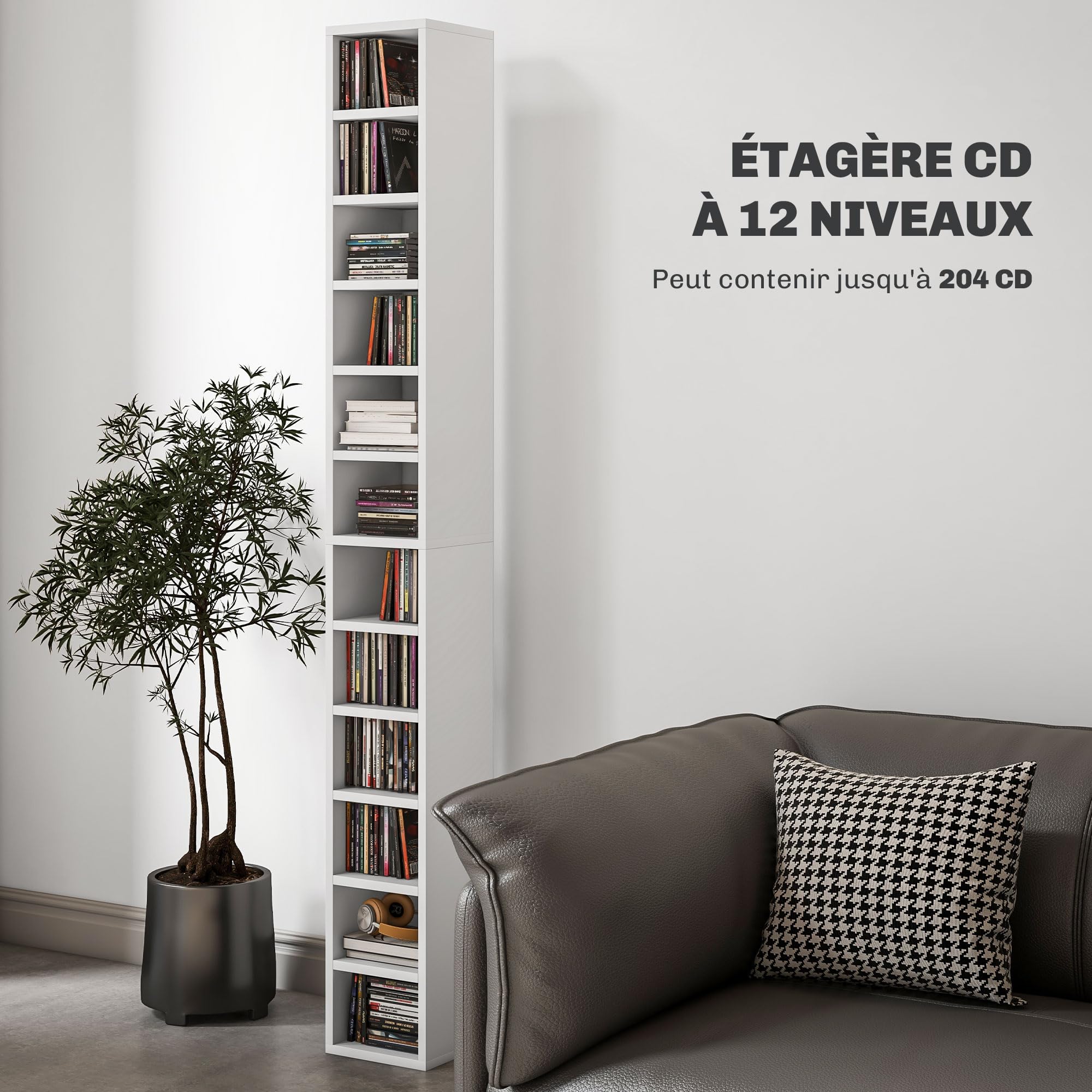 HOMCOM Contenitori per CD e DVD, ripiano a colonna, contenitore con 12 scomparti, capacità massima 204 CD, 21 x 20 x 175 cm, bianco