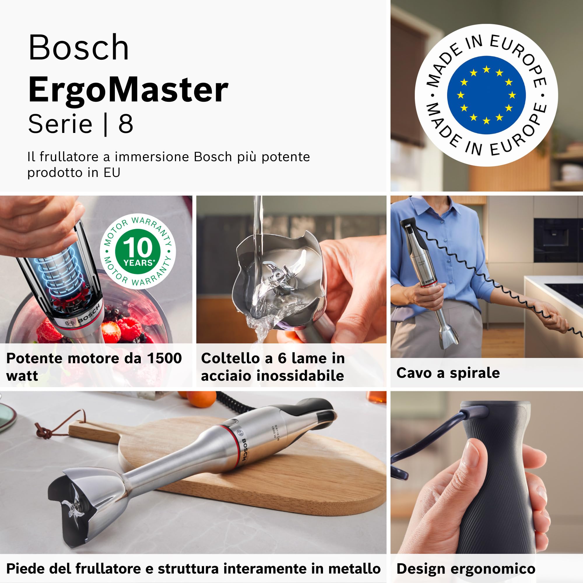 Bosch Serie 8 Frullatore a Immersione ErgoMaster MSM8M930, Potente Motore da 1500 Watt, Regolazione Dinamica della Velocità, Coltello a 6 Lame in Acciaio Inox, Accessori Inclusi, Acciaio Inossidabile