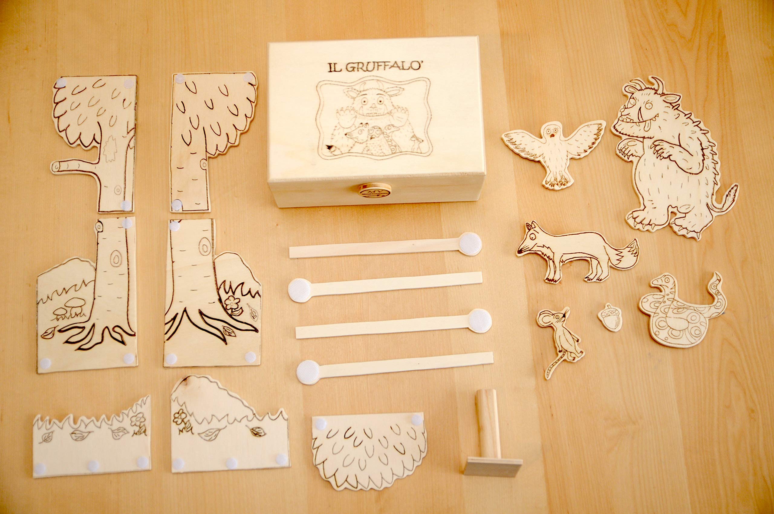 Teatrino in Legno fatto a Mano, Gioco Portatile per Bambini. Kamishibai. Teatro Giapponese delle Ombre + Scatola con Personaggi, Marionette in Legno "Animali nel Bosco".