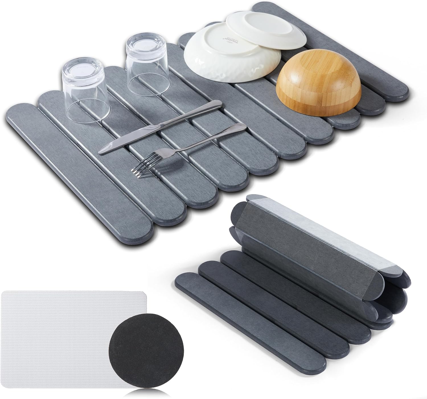 Stone Dish Drying Mat for Kitchen Counter, 23.6”(L) x 15.3”(W), Collapsible Eco-Friendly Diatomaceous Mat, Non Slip Quick Dry – Grey Mat for Dishes, Bottles & Cups, Matches Any Countertop