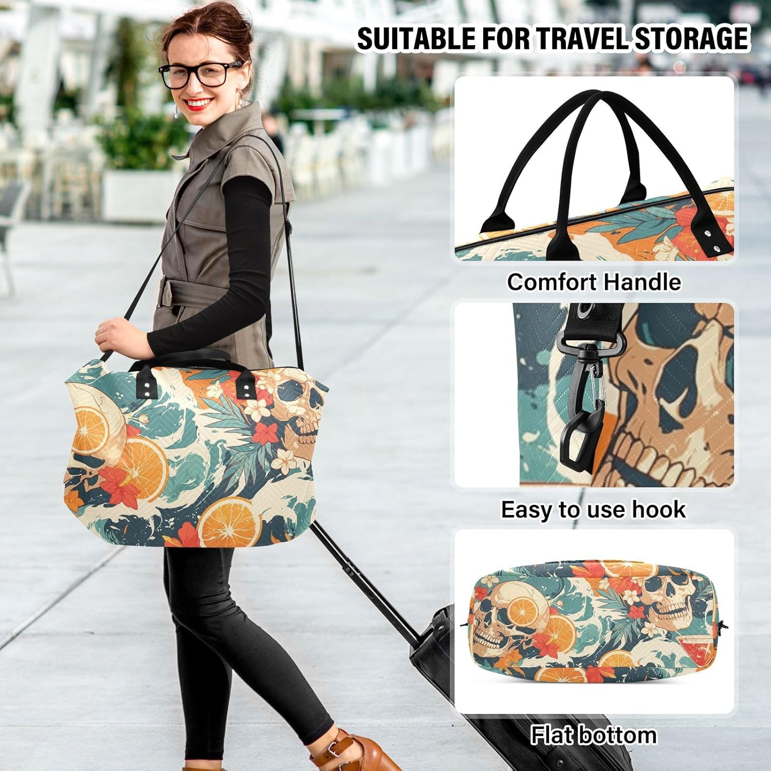 Blue Skull Cocktail Travel Hand Bag Large Carry On Airport Bag Travel Tote Gym Bag with Toiletry Bag for Sports 2 Pcs Set
