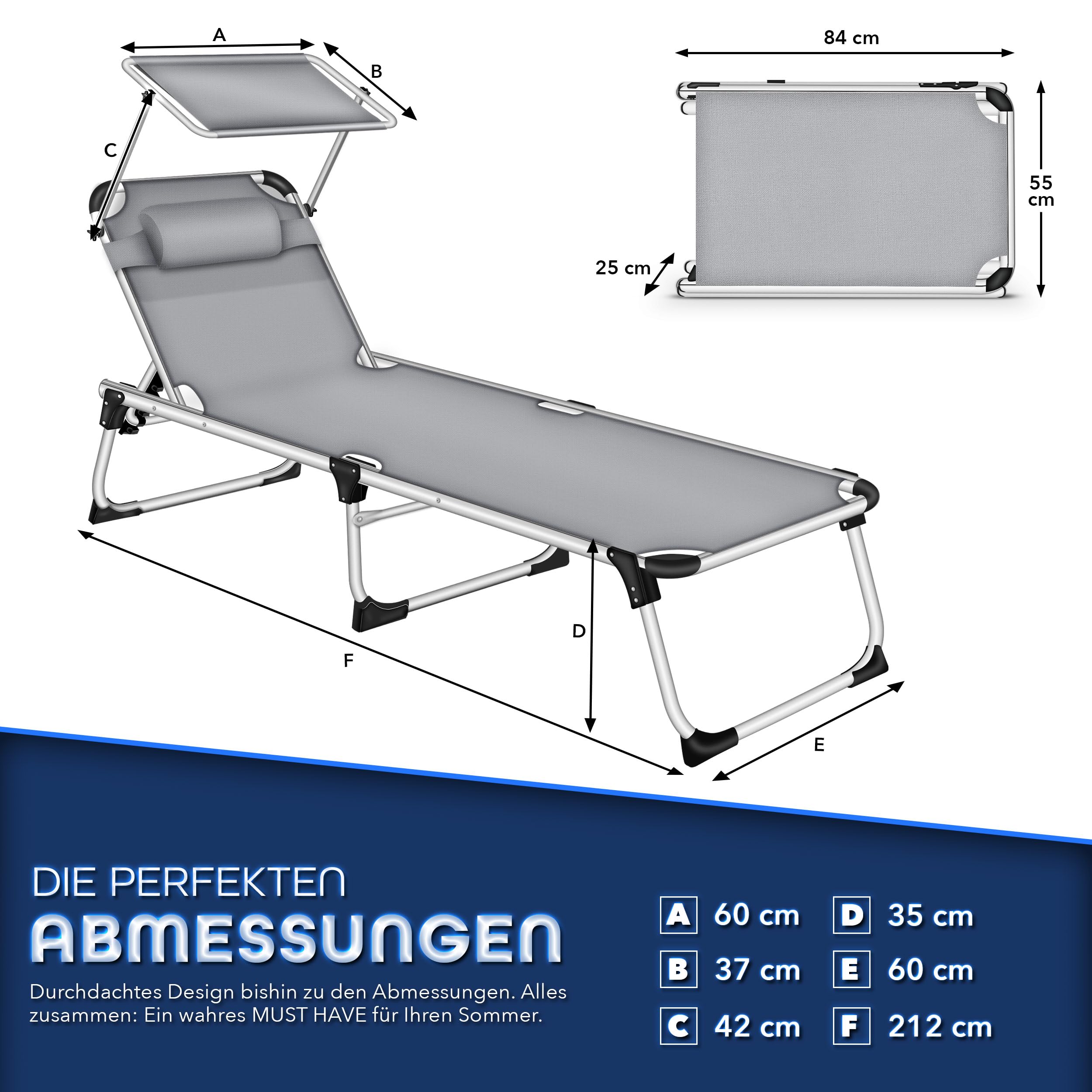 tillvex® Sonnenliege mit Dach und Kopfkissen | Gartenliege Liegestuhl klappbar | Strandliege mit Verstellbarer Rückenlehne | Aluminium Liege (Grau, Liege (Basic))