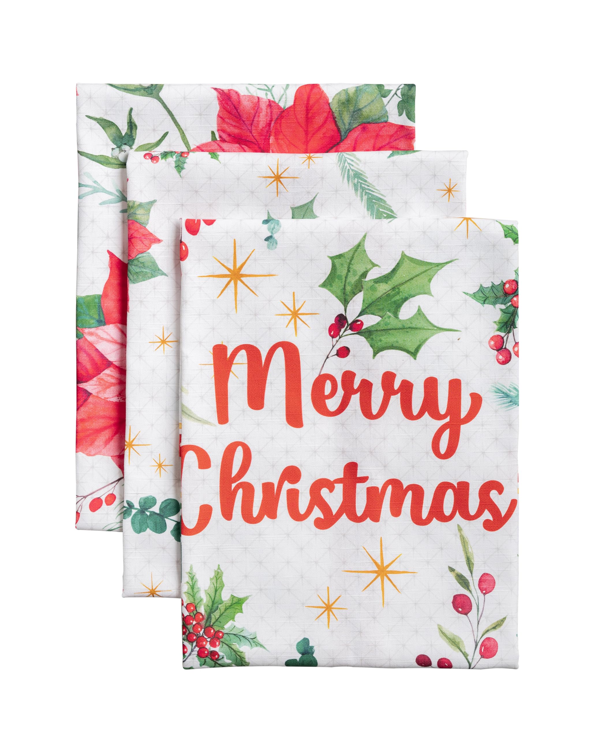 Maison d' Hermine Kitchen Towels Set of 3 100% Cotton 70 CM x 50 CM Reusable Cloth Tea Dish Towels Absorbent with Hanging Loop for Kitchen Dining Christmas Decorations (Poinsettia Christmas)