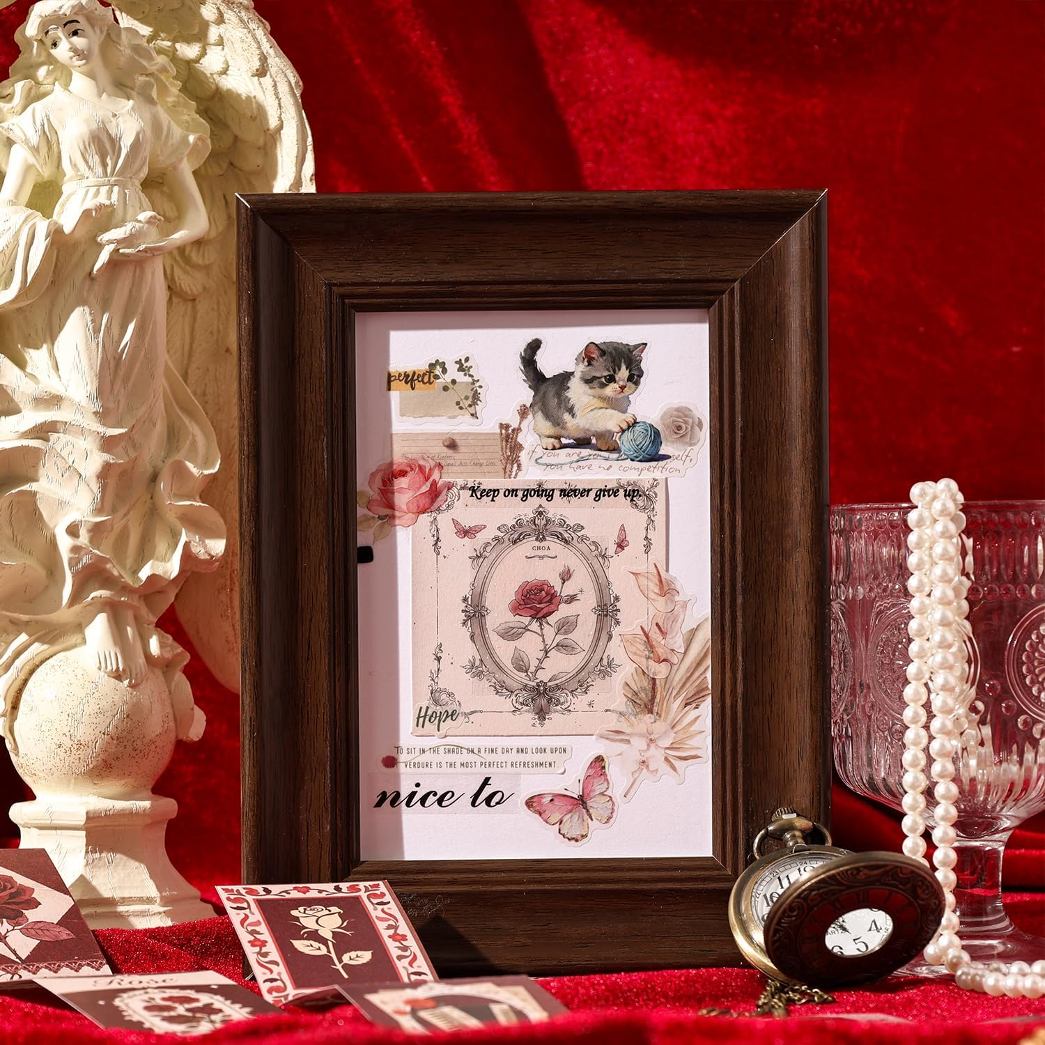 Diuhofart Crimson Rose Scrapbooking Supplies Kit, 128 Pcs Junk Journal Set