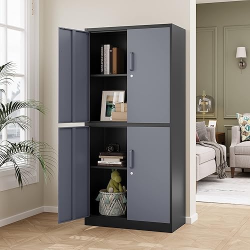 Miniatura 90 de STANI Armario de almacenamiento de metal para garaje con cerradura, archivador de acero con cerradura de 71 pulgadas, gabinete de almacenamiento de