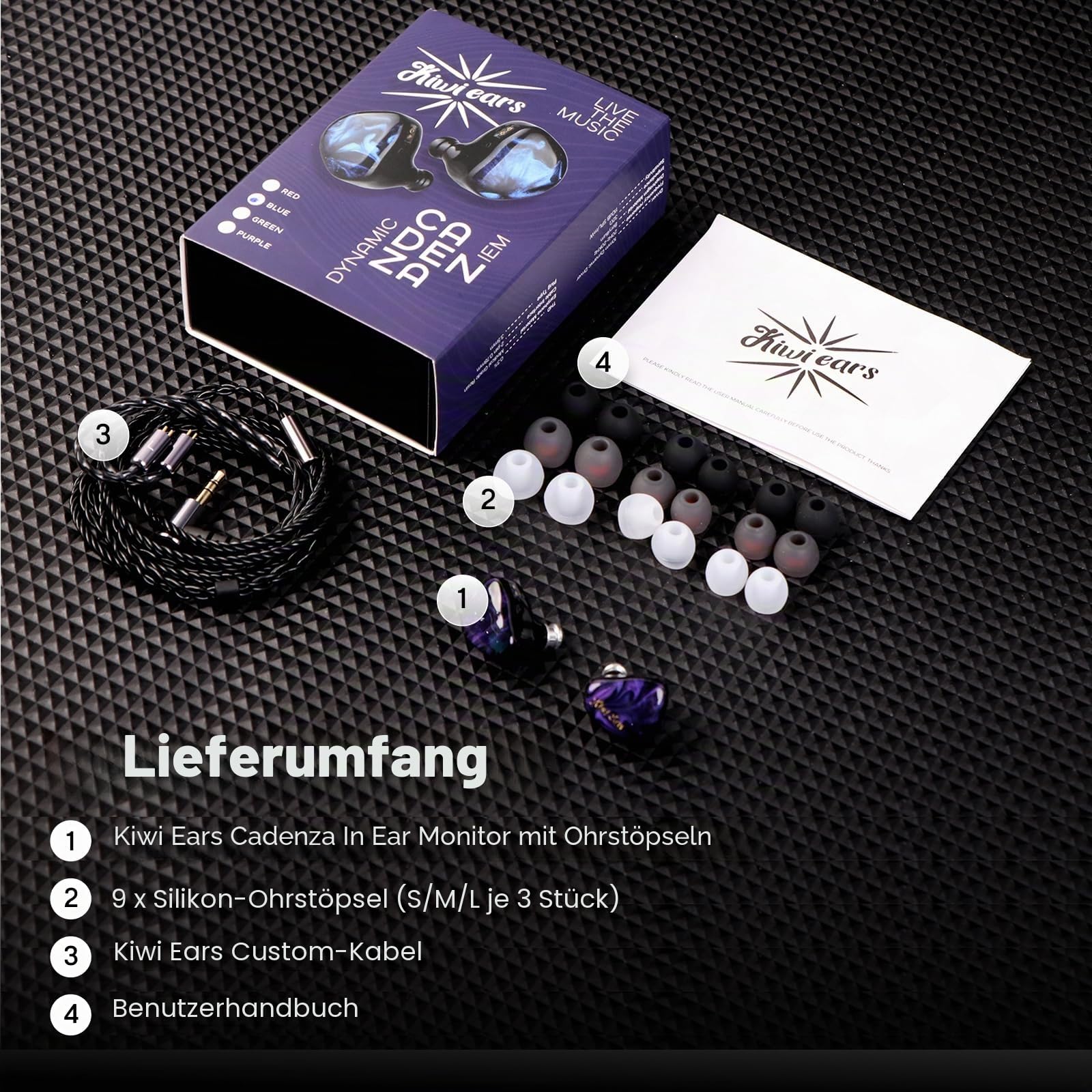 Kiwi Ears Cadenza In-Ear-Monitor, 10 mm Beryllium Dynamic Driver IEM Kopfhörer, HiFi-Studio-Kopfhörer mit 3D-gedrucktem Hohlraum, abnehmbares 2-poliges IEM-Kabel für audiophile Musiker