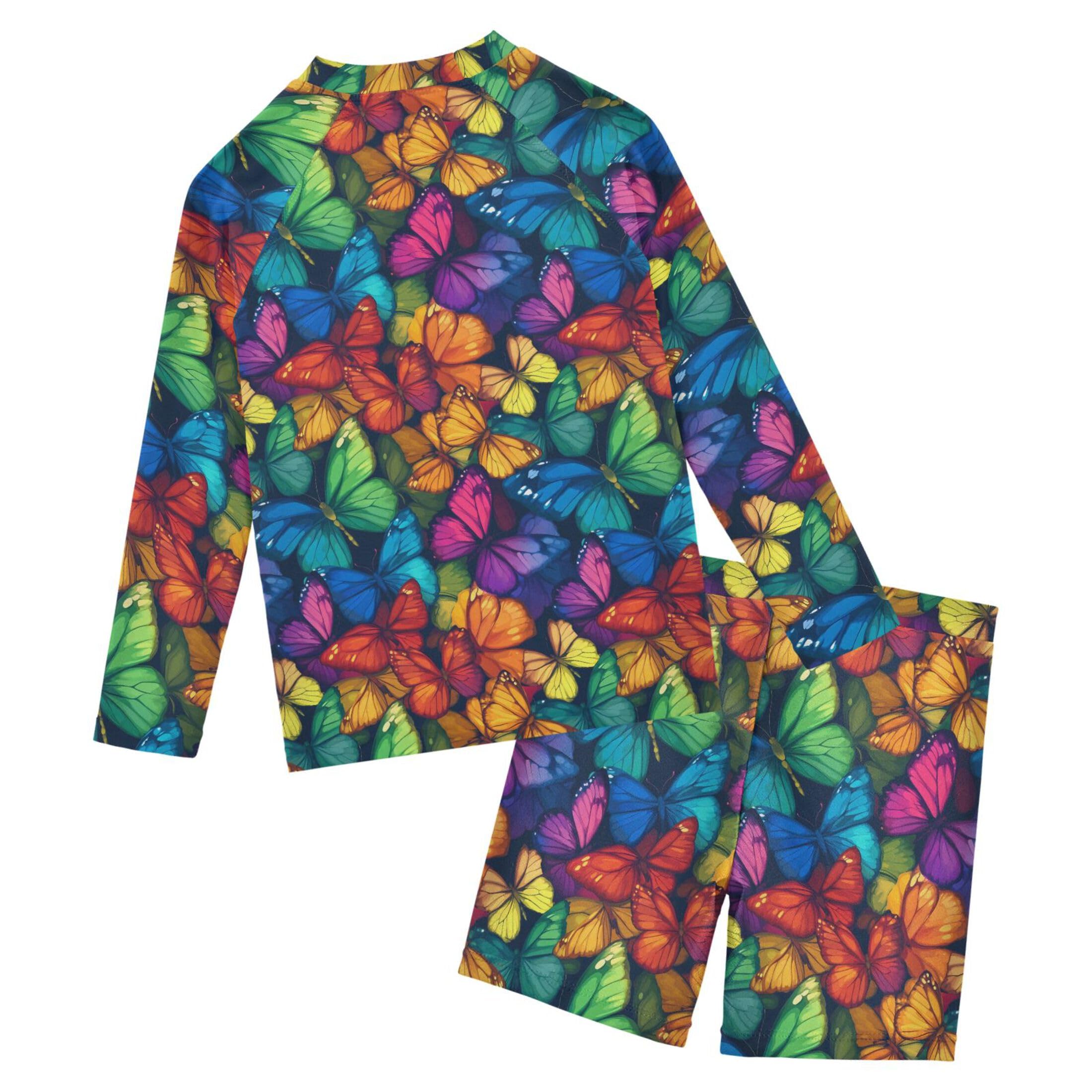 Butterfly Flowers Baby Boys' Toddler Long Sleeved Rashguard Swim Bathing Suit Set B0403971