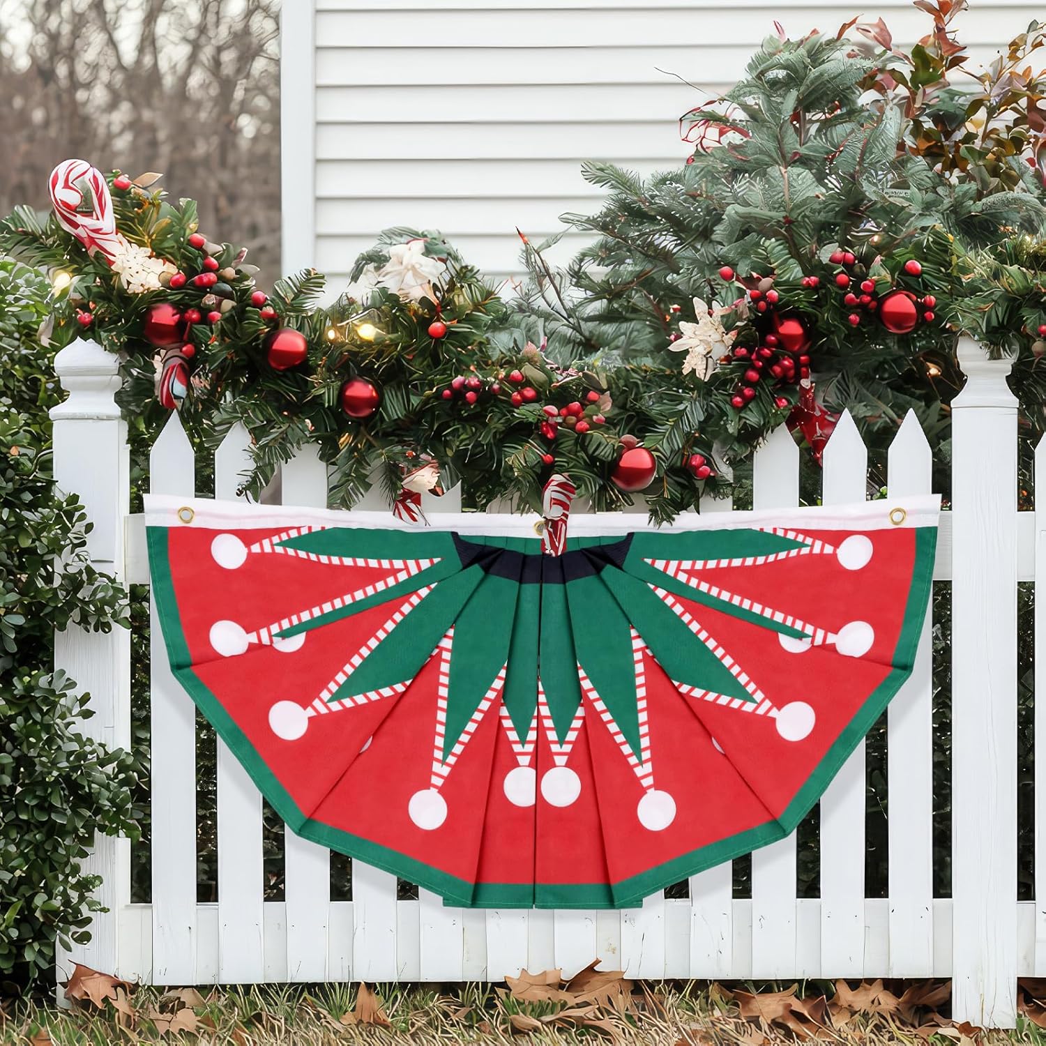 Christmas Decorations for Outdoor 1.5 x 3 Ft - 4 Pack Green & Red Christmas Bunting Flags Banners for Outside, House Pleated Fan Flag for Indoor & Outdoor
