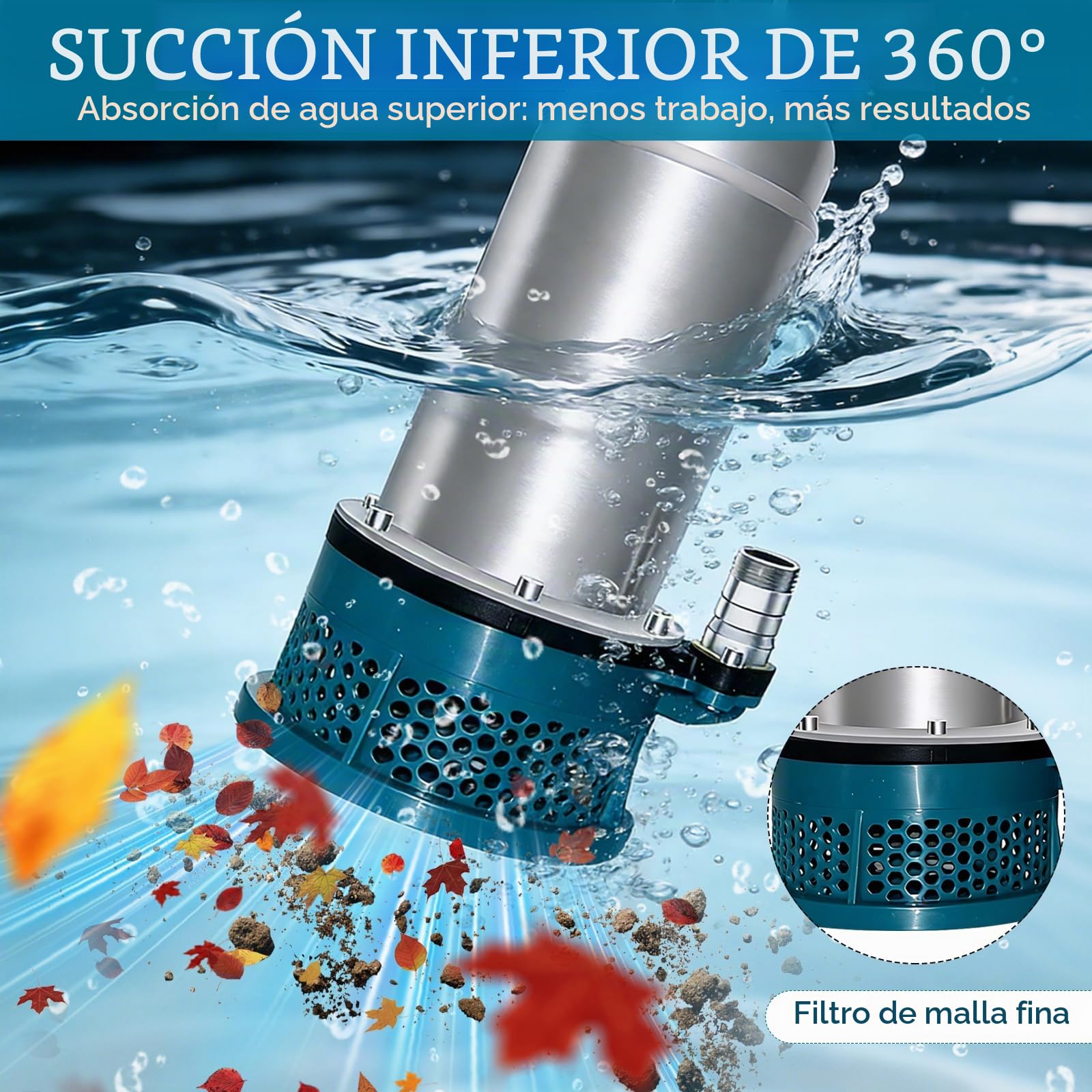 Bomba Sumergible, 5000 L/H Bomba de Agua Sumergible a Batería con Manguera de 10m, Cable de Conexión de 5m,Batería de 21V y Cargador, Ideal para Piscina, Cama de Agua, Riego de Jardines