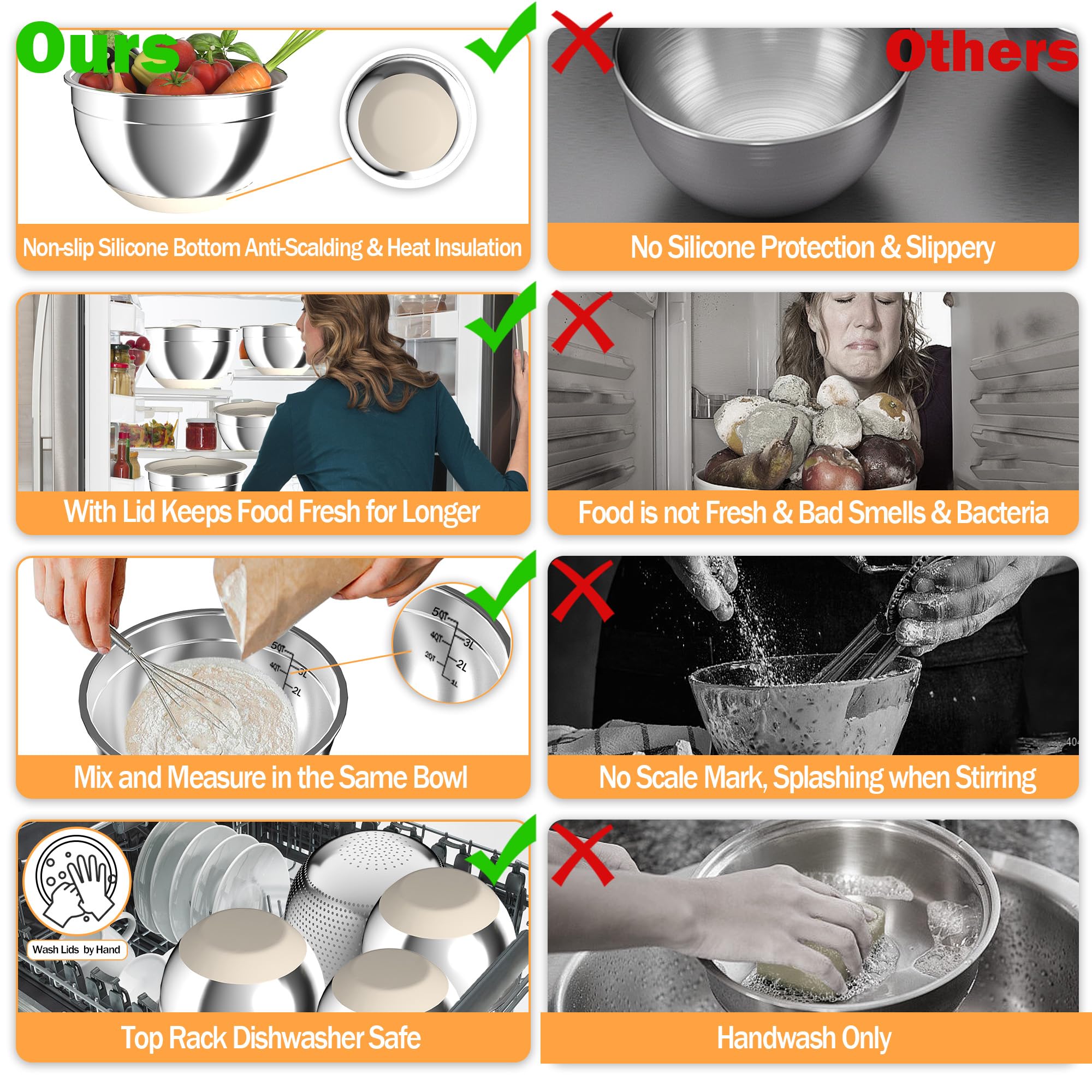 Nicdiet Juego de cuencos y colador de acero inoxidable, con tapas caqui, accesorio para rallador, parte inferior antideslizante, marcas de medición, caqui