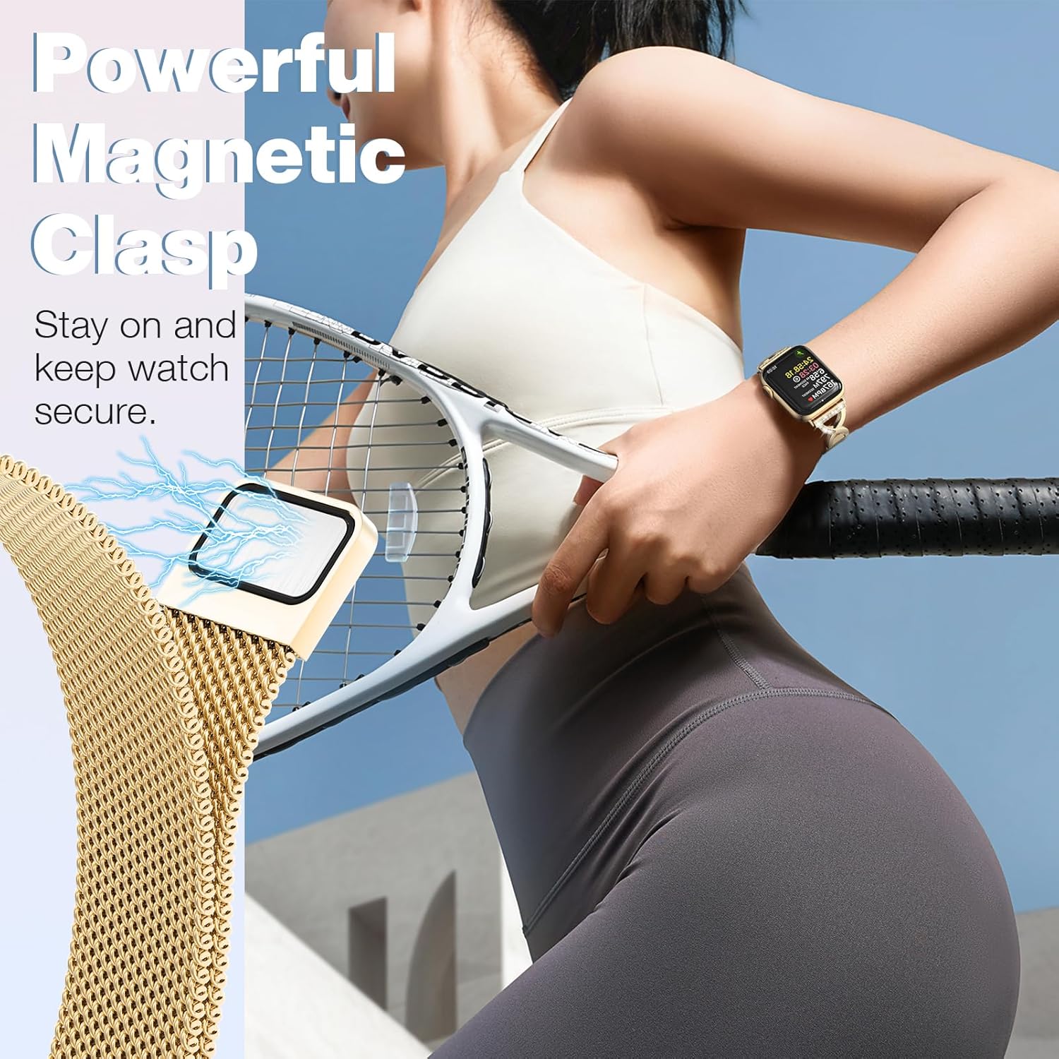 BRG Thin Mesh Loop Compatible with Apple Watch Bands for Women 40mm 41mm 38mm 42mm Series 11 10 9 8 7 6 5 4 3 2 1 SE, Metal Magnetic Stainless Steel Strap with X-Shape Diamond Clasp for iWatch Bands - Image 6